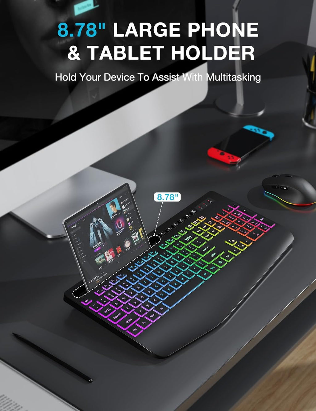 Rechargeable Silent Wireless Keyboard & Mouse Combo - RGB Backlight, Phone Holder