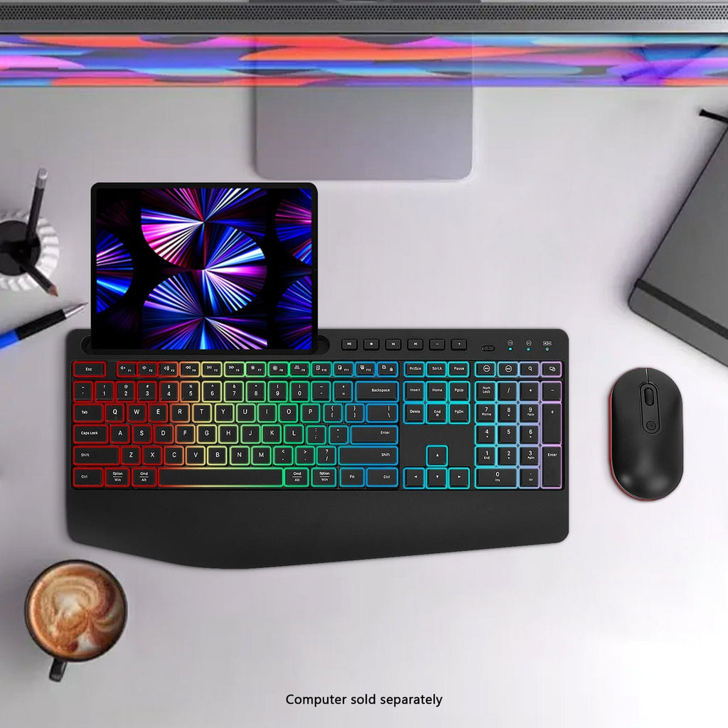 Rechargeable Silent Wireless Keyboard & Mouse Combo - RGB Backlight, Phone Holder