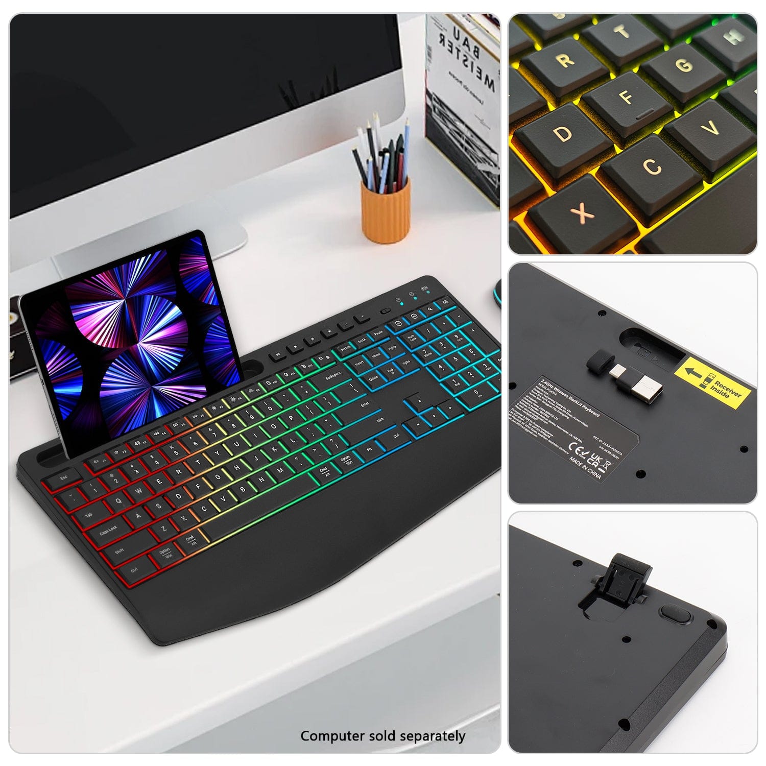 Rechargeable Silent Wireless Keyboard & Mouse Combo - RGB Backlight, Phone Holder