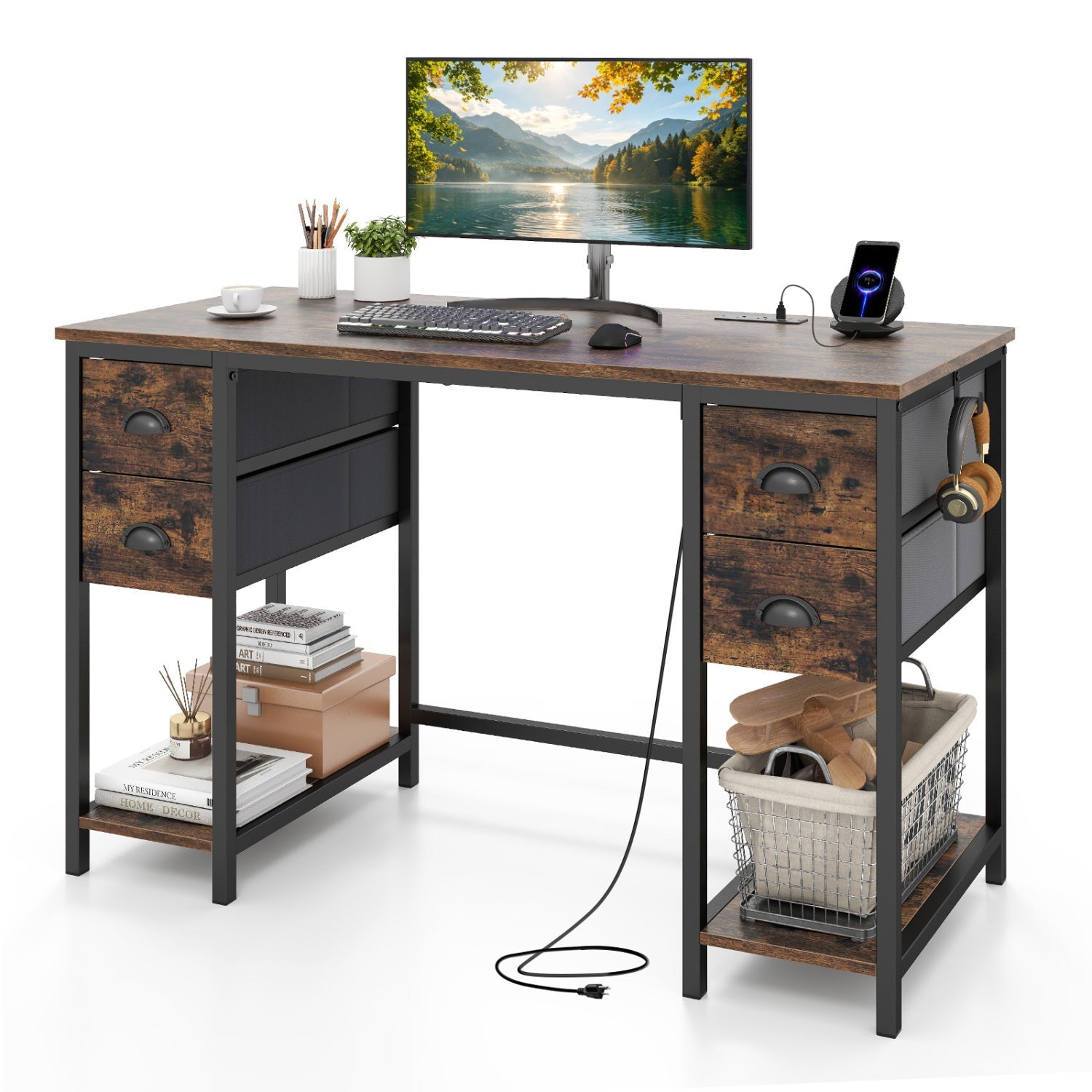 48-Inch Computer Desk with Power Outlet & 4 Fabric Drawers