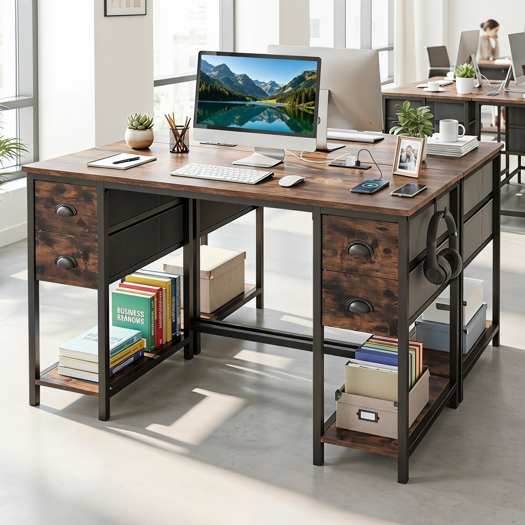 48-Inch Computer Desk with Power Outlet & 4 Fabric Drawers