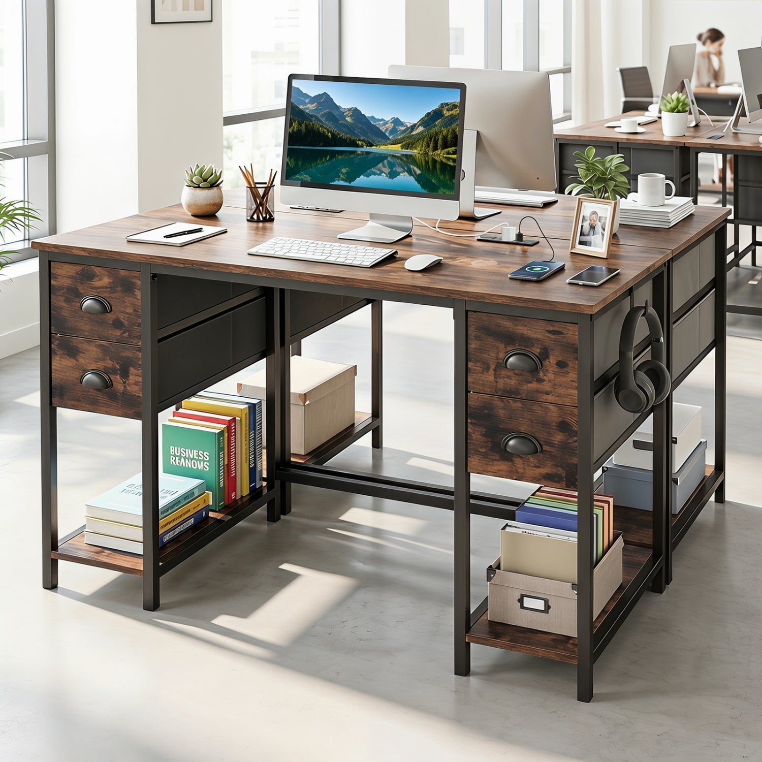 48-Inch Computer Desk with Power Outlet & 4 Fabric Drawers