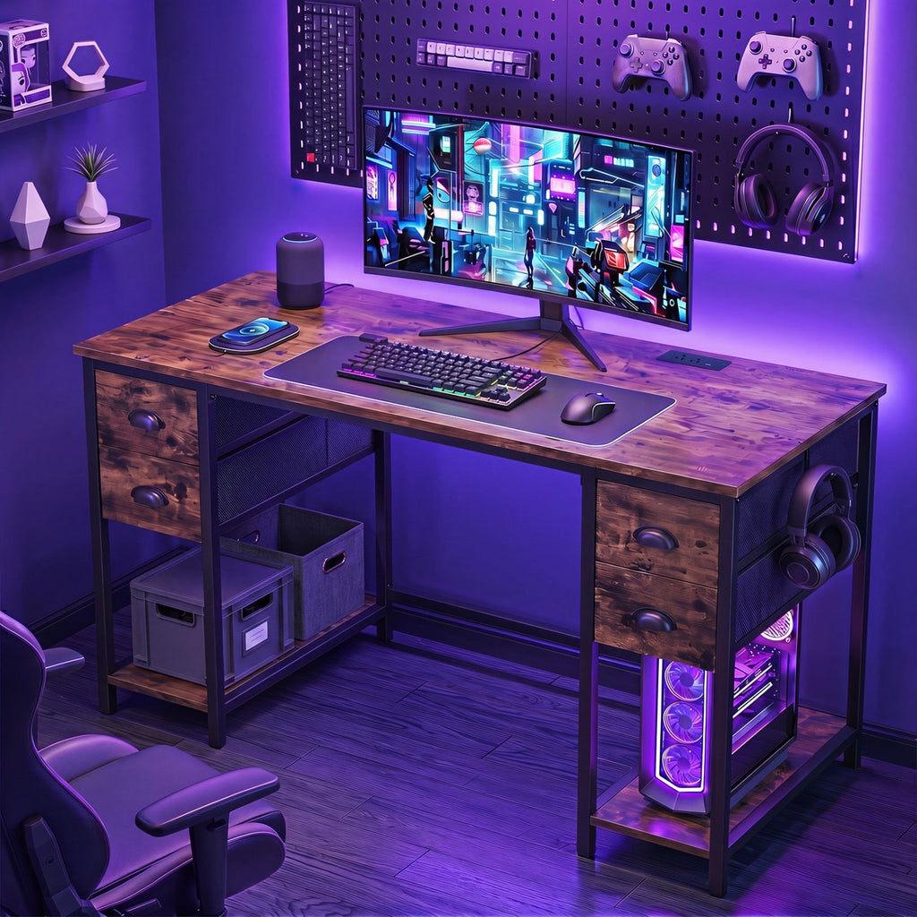 48-Inch Computer Desk with Power Outlet & 4 Fabric Drawers
