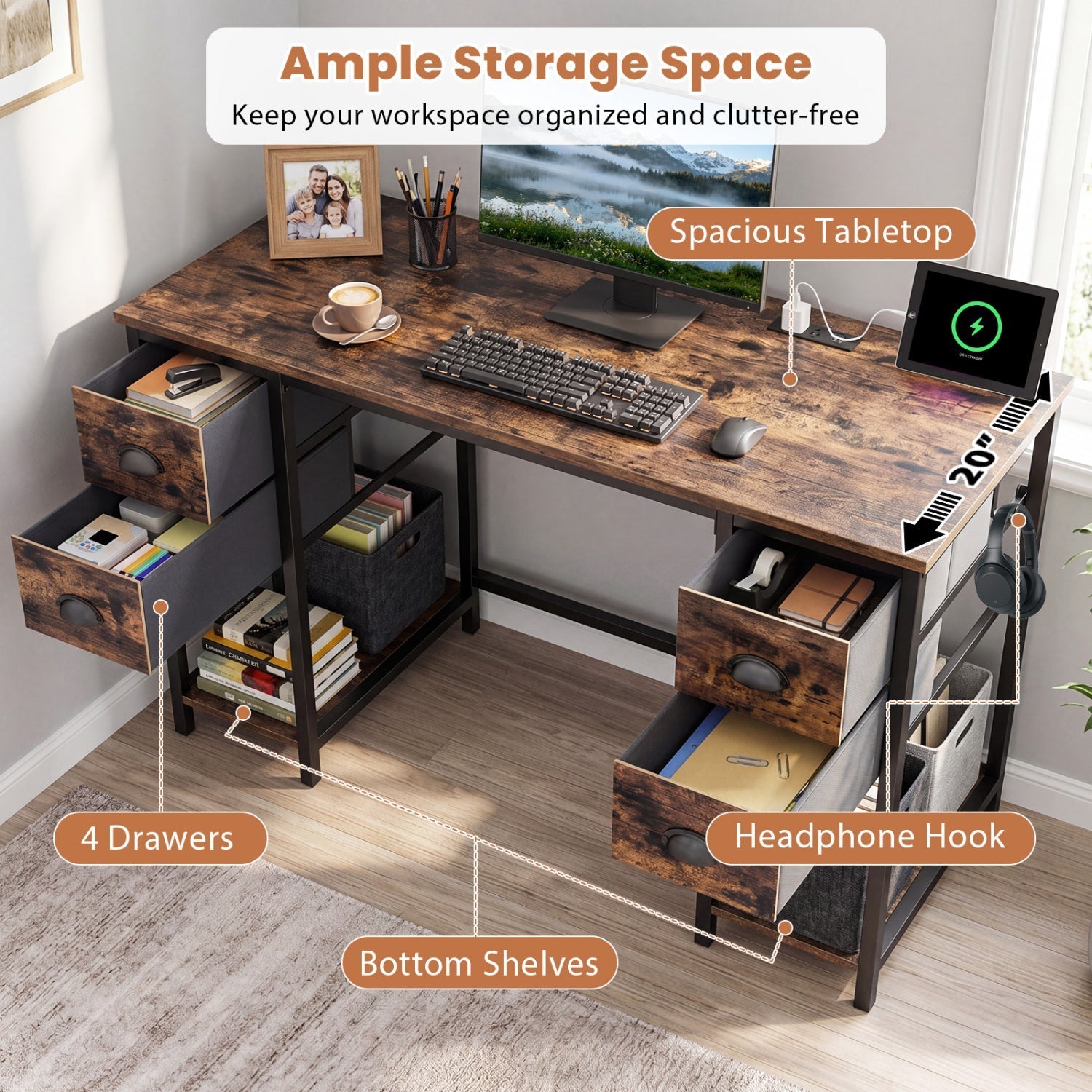 48-Inch Computer Desk with Power Outlet & 4 Fabric Drawers