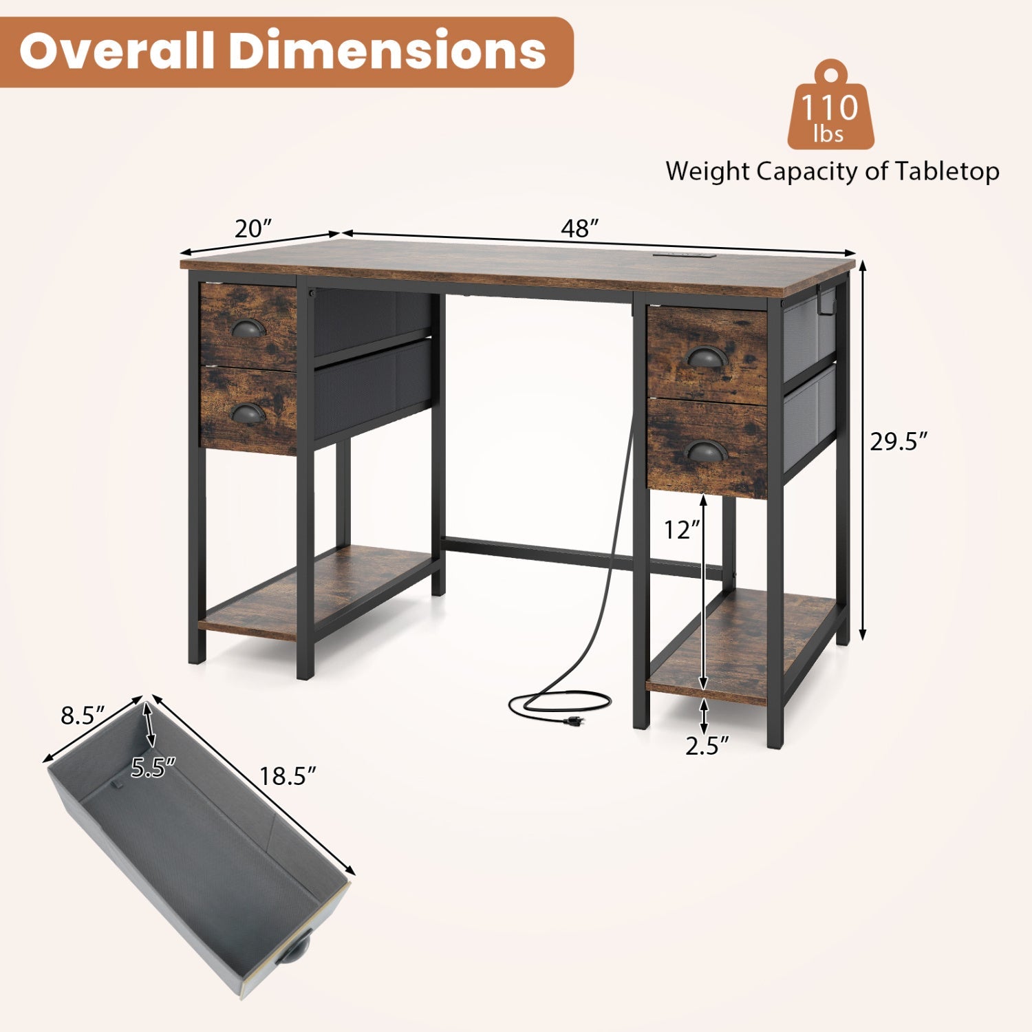 48-Inch Computer Desk with Power Outlet & 4 Fabric Drawers