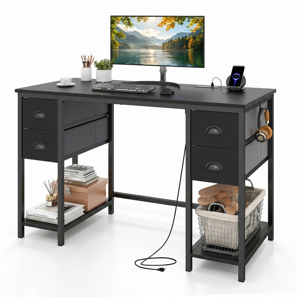 48-Inch Computer Desk with Power Outlet & 4 Fabric Drawers