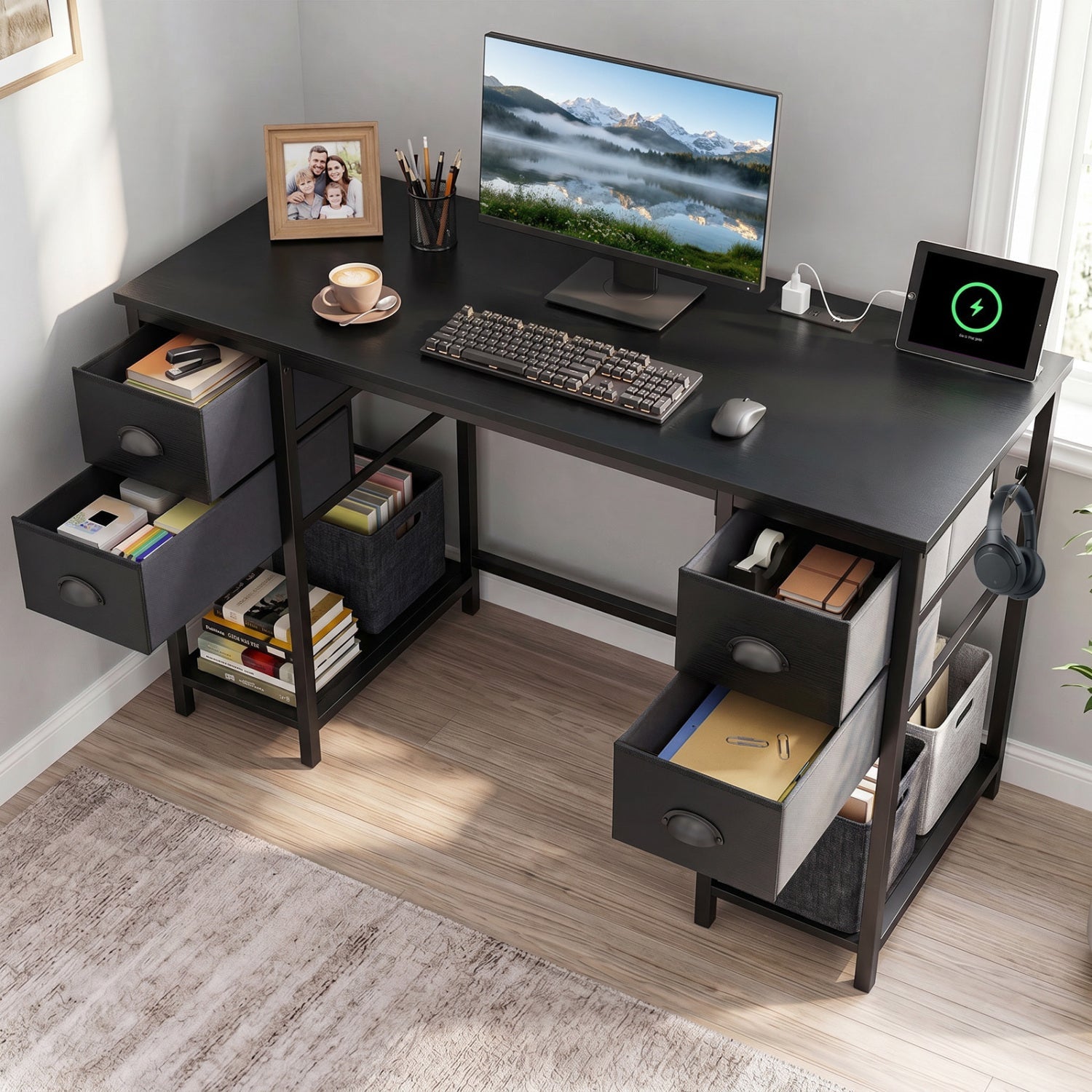 48-Inch Computer Desk with Power Outlet & 4 Fabric Drawers
