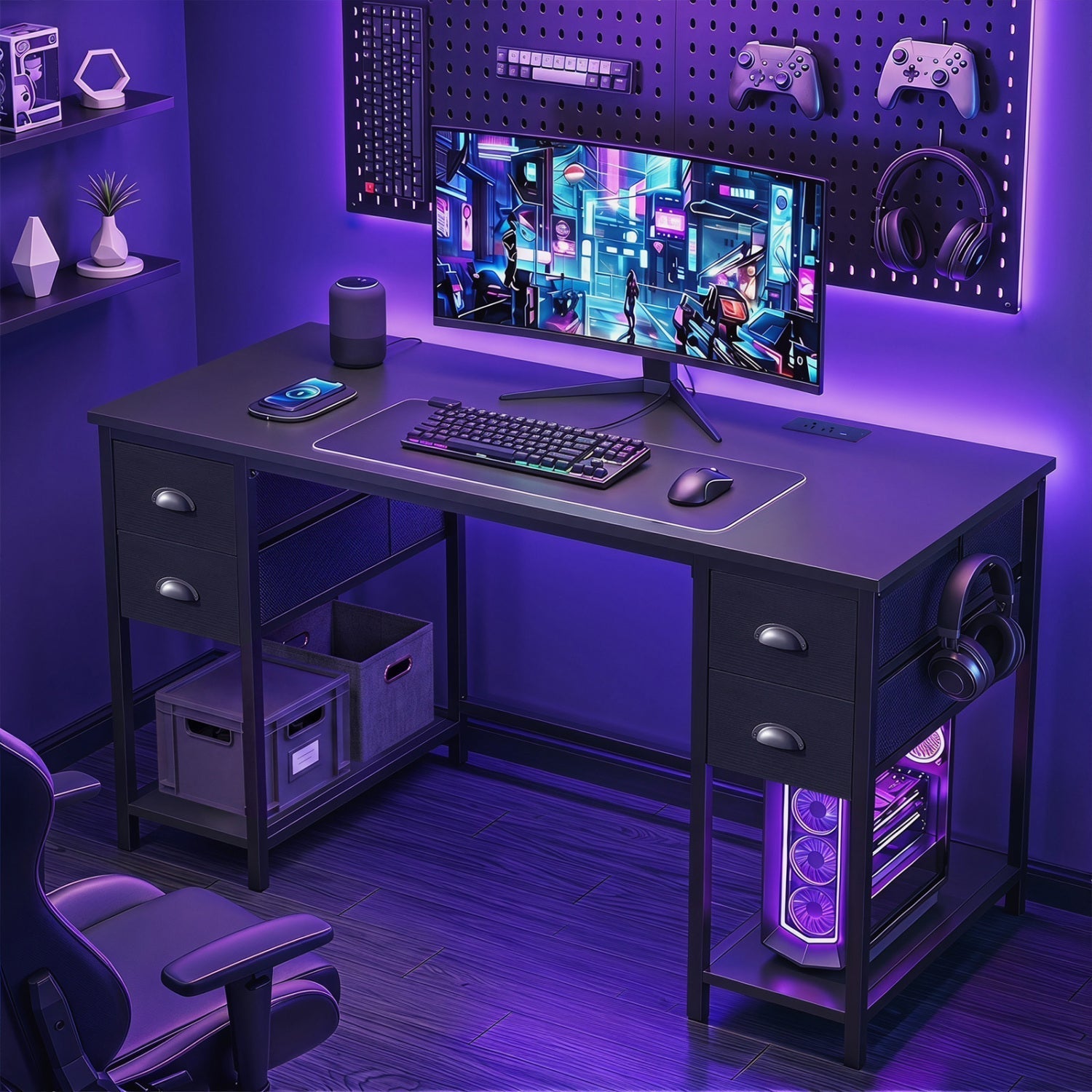 48-Inch Computer Desk with Power Outlet & 4 Fabric Drawers