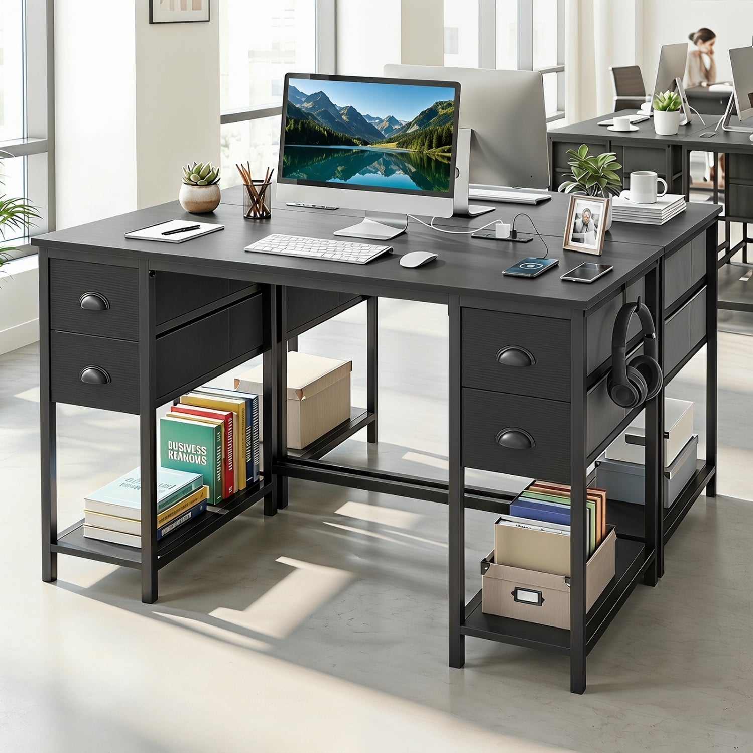 48-Inch Computer Desk with Power Outlet & 4 Fabric Drawers