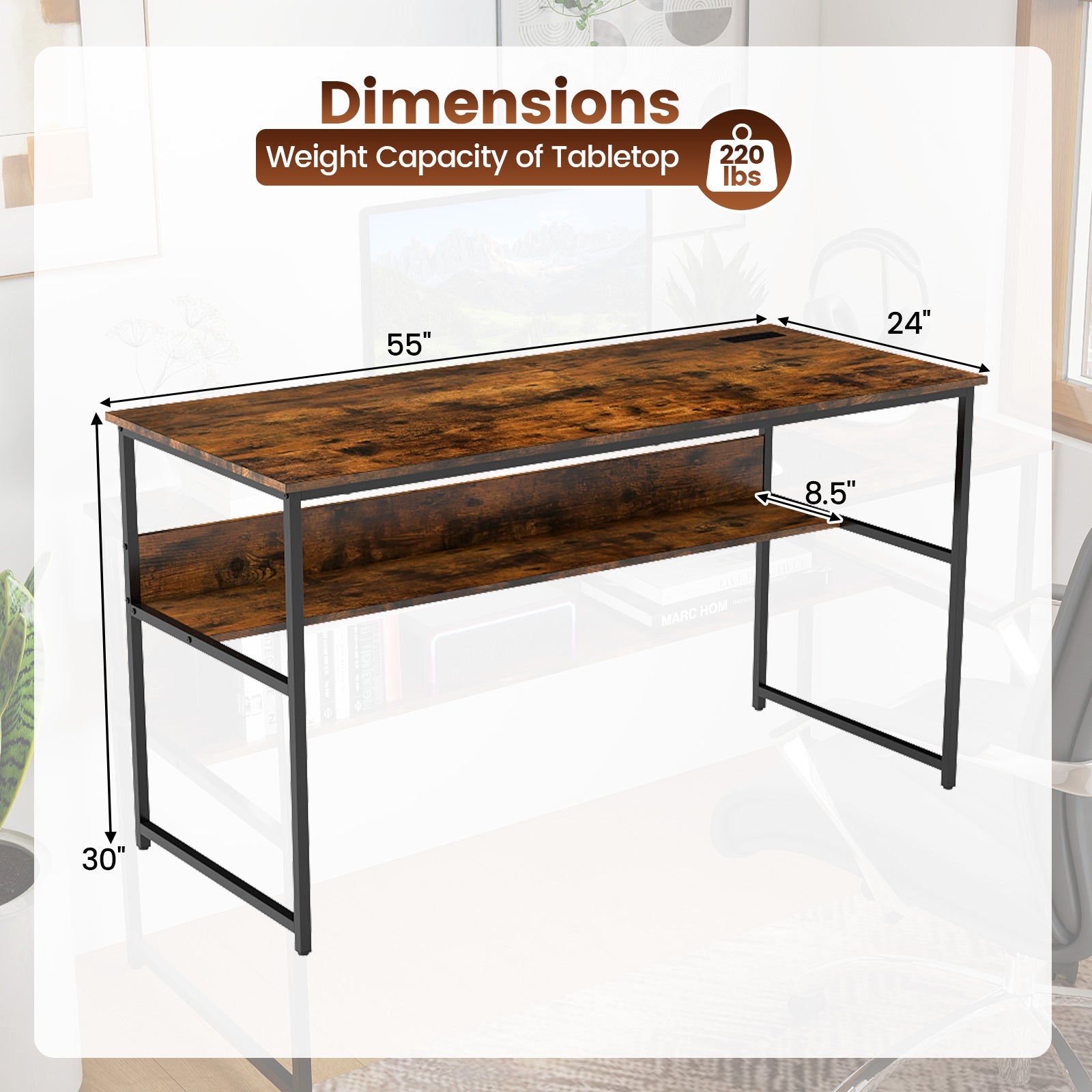 55 x 24 inch Computer Desk with Power Outlets and USB Ports