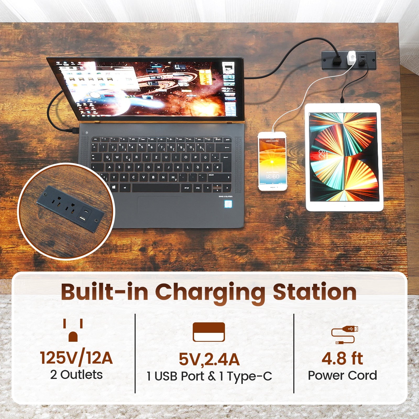 55 x 24 inch Computer Desk with Power Outlets and USB Ports