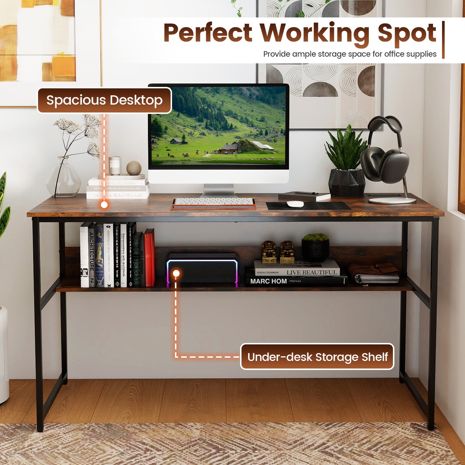 55 x 24 inch Computer Desk with Power Outlets and USB Ports