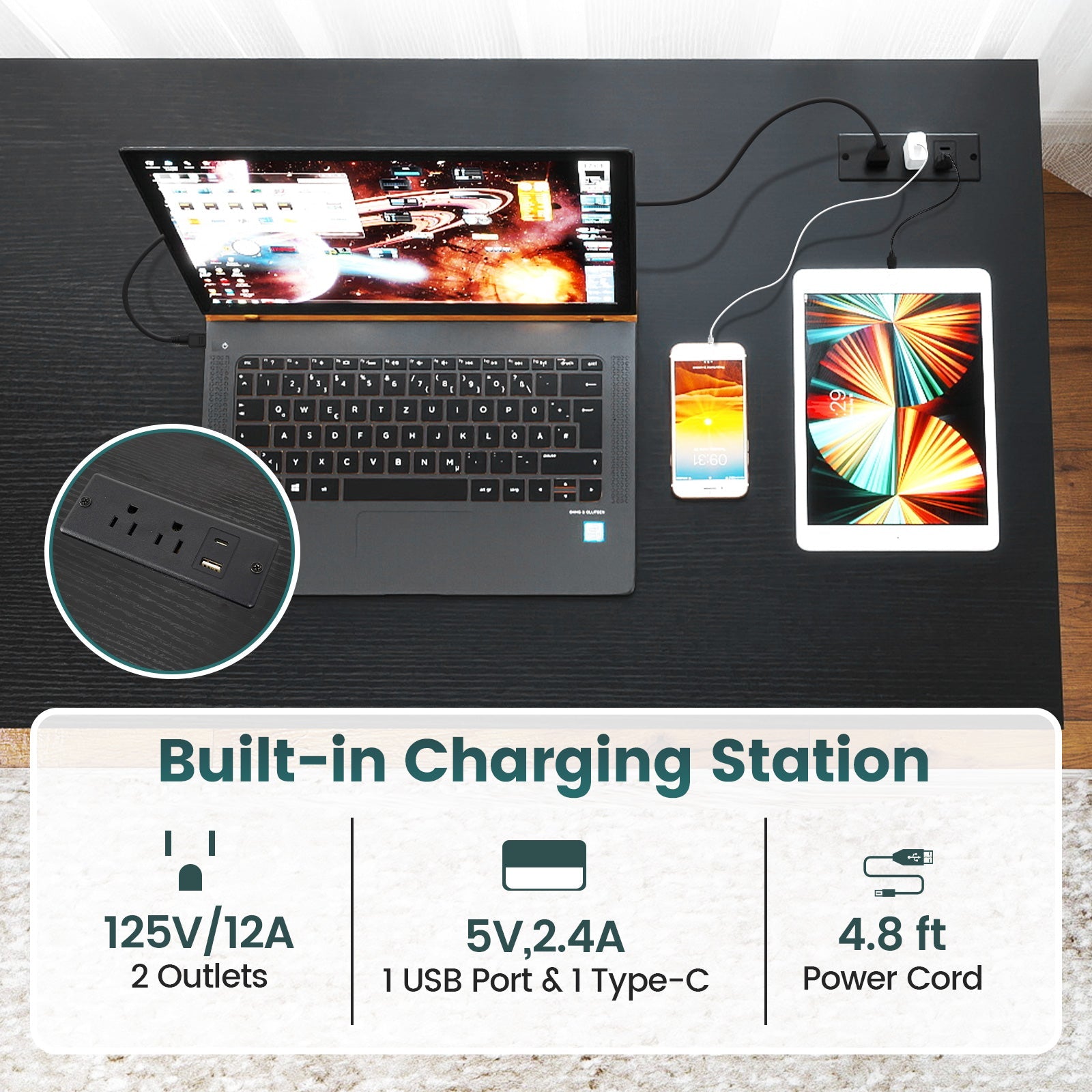55 x 24 inch Computer Desk with Power Outlets and USB Ports