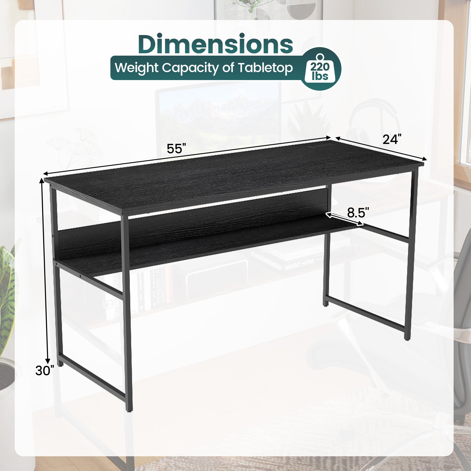 55 x 24 inch Computer Desk with Power Outlets and USB Ports