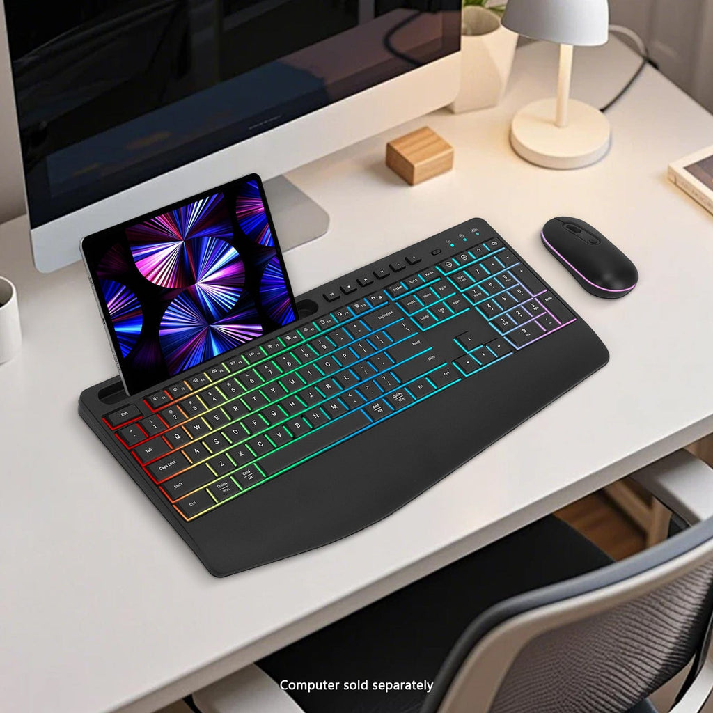 Rechargeable Silent Wireless Keyboard & Mouse Combo - RGB Backlight, Phone Holder