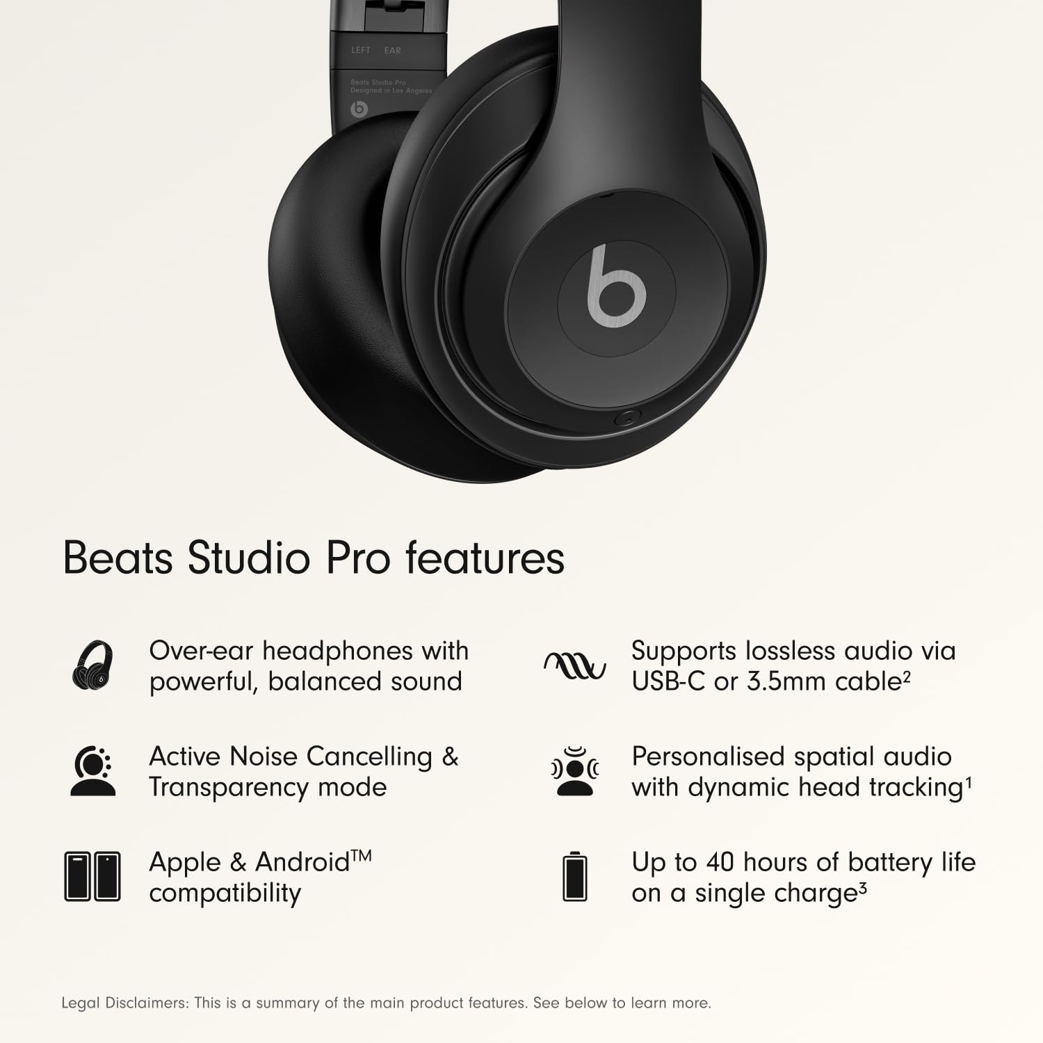 Beats Studio Pro Premium Wireless Over-Ear Headphones- Up to 40-Hour Battery Life, Active Noise Cancelling, Great for Travel & Commuting, USB-C Lossless Audio, Apple & Android Compatible -Black (Refurbished)