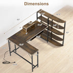 63" U-Shaped Computer Desk with Power Outlets & Bookshelf
