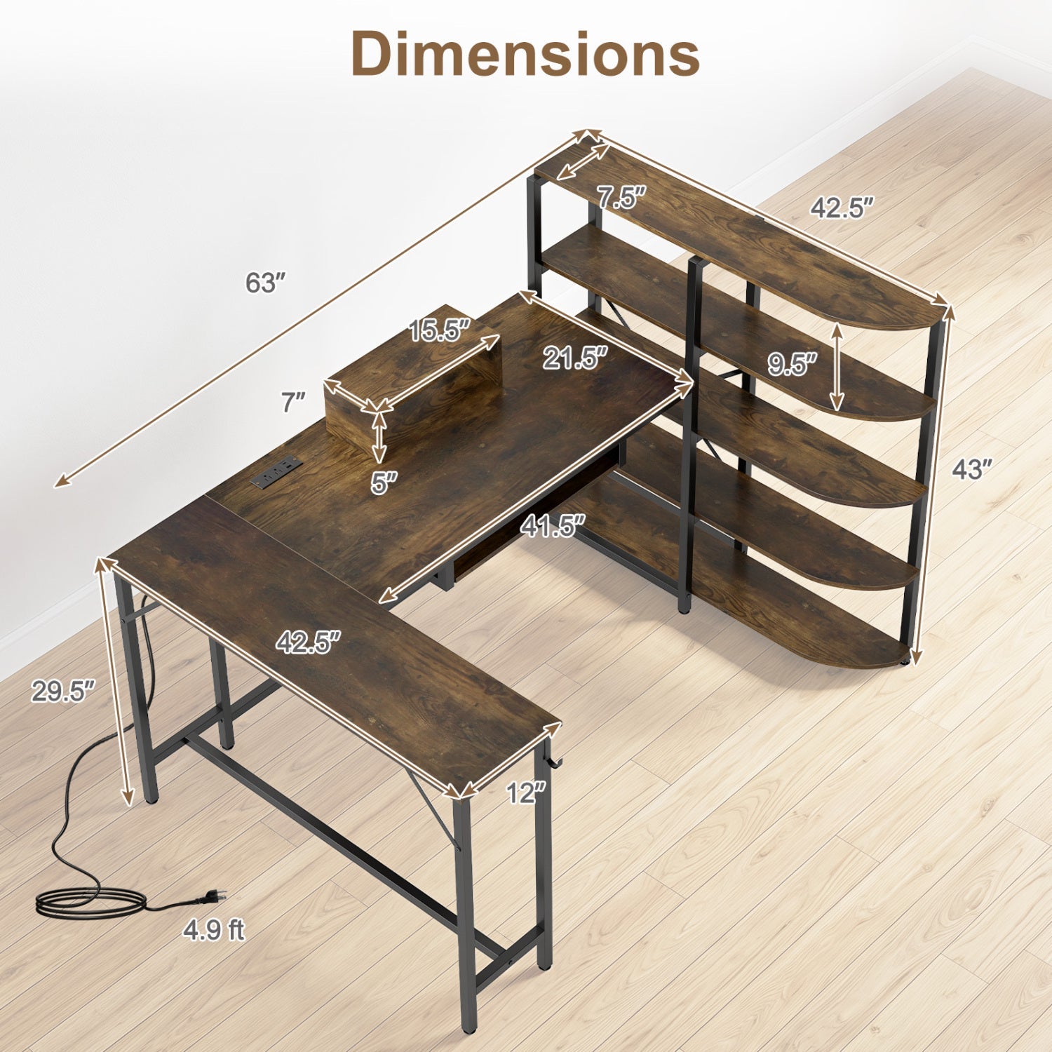 63" U-Shaped Computer Desk with Power Outlets & Bookshelf