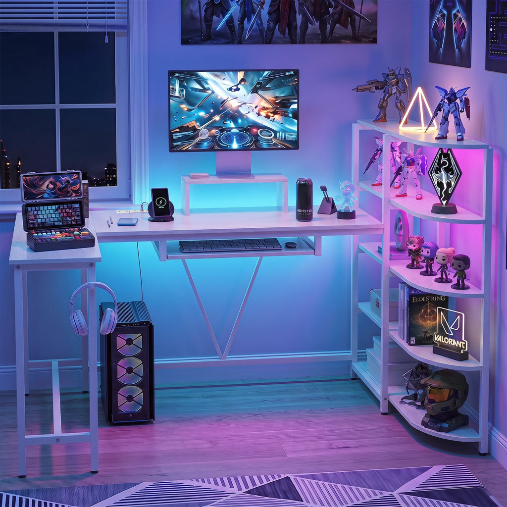 63" U-Shaped Computer Desk with Power Outlets & Bookshelf