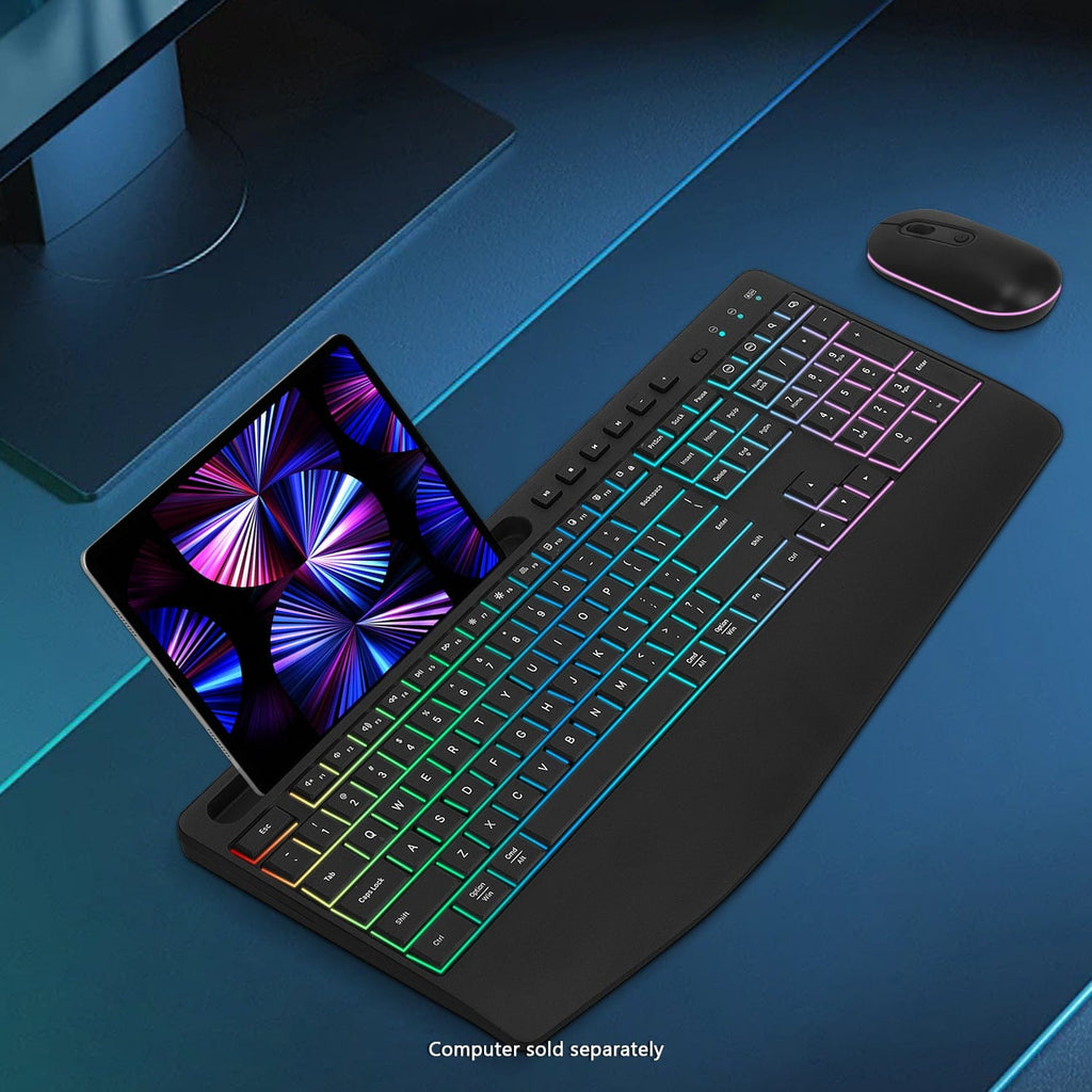 Rechargeable Silent Wireless Keyboard & Mouse Combo - RGB Backlight, Phone Holder