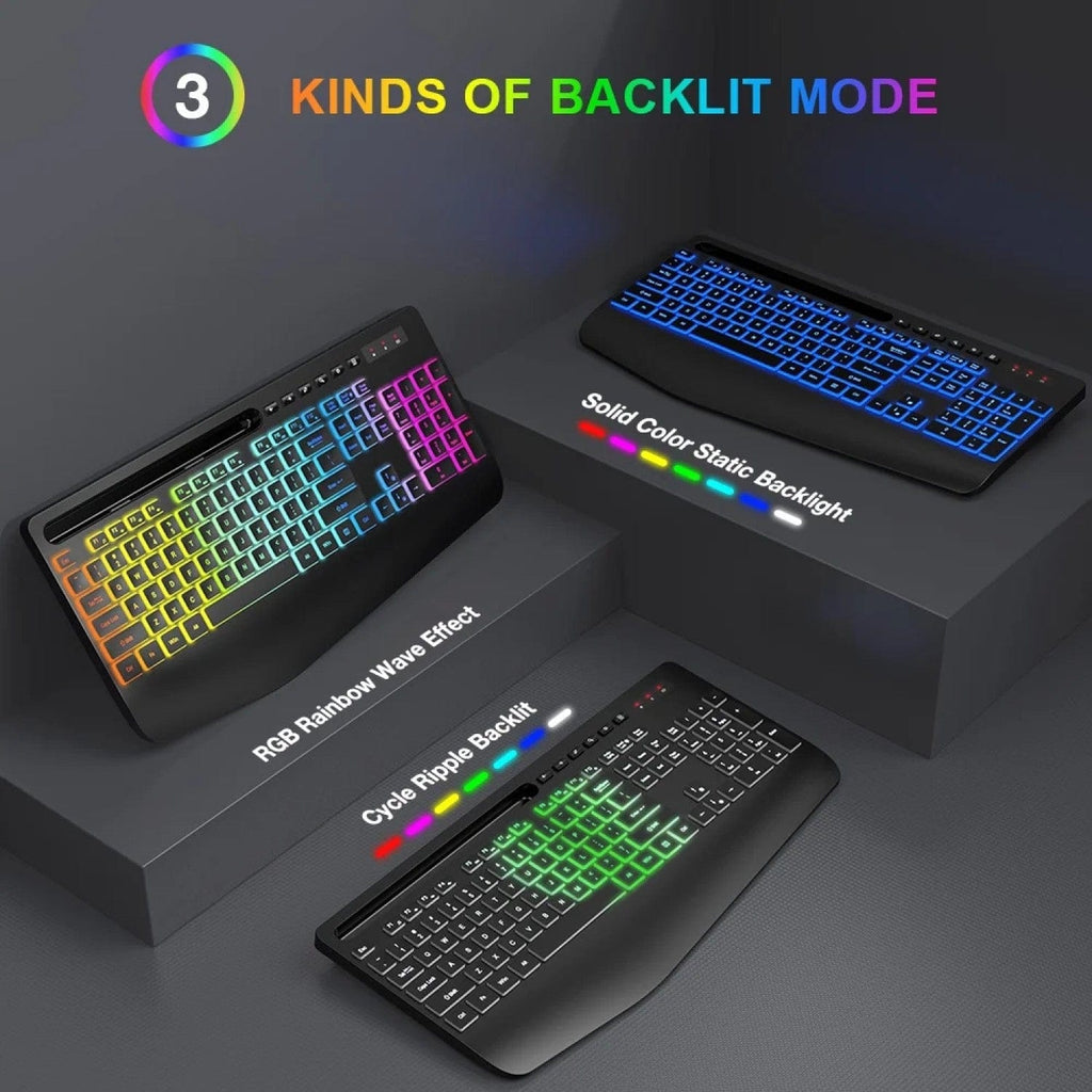 Rechargeable Silent Wireless Keyboard & Mouse Combo - RGB Backlight, Phone Holder