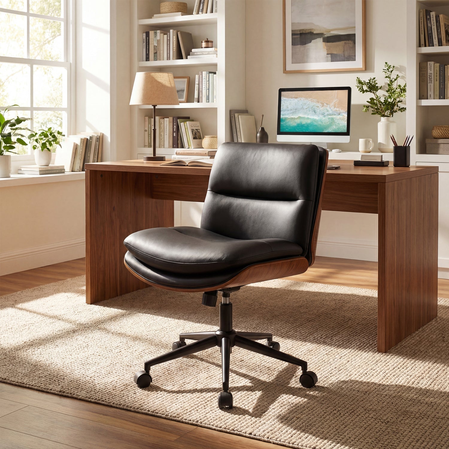 Armless Office Chair with Curved Backrest and Padded Seat