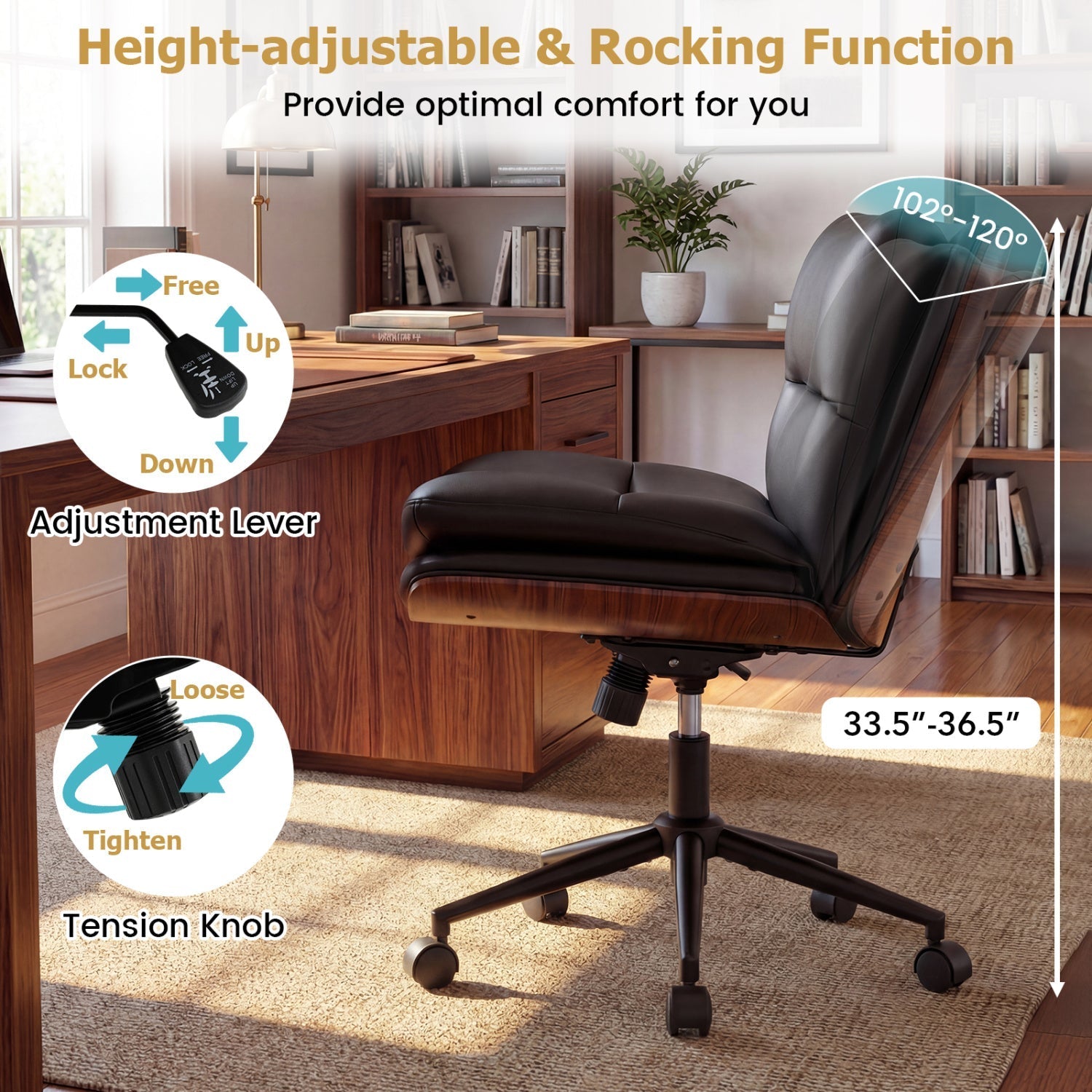 Armless Office Chair with Curved Backrest and Padded Seat