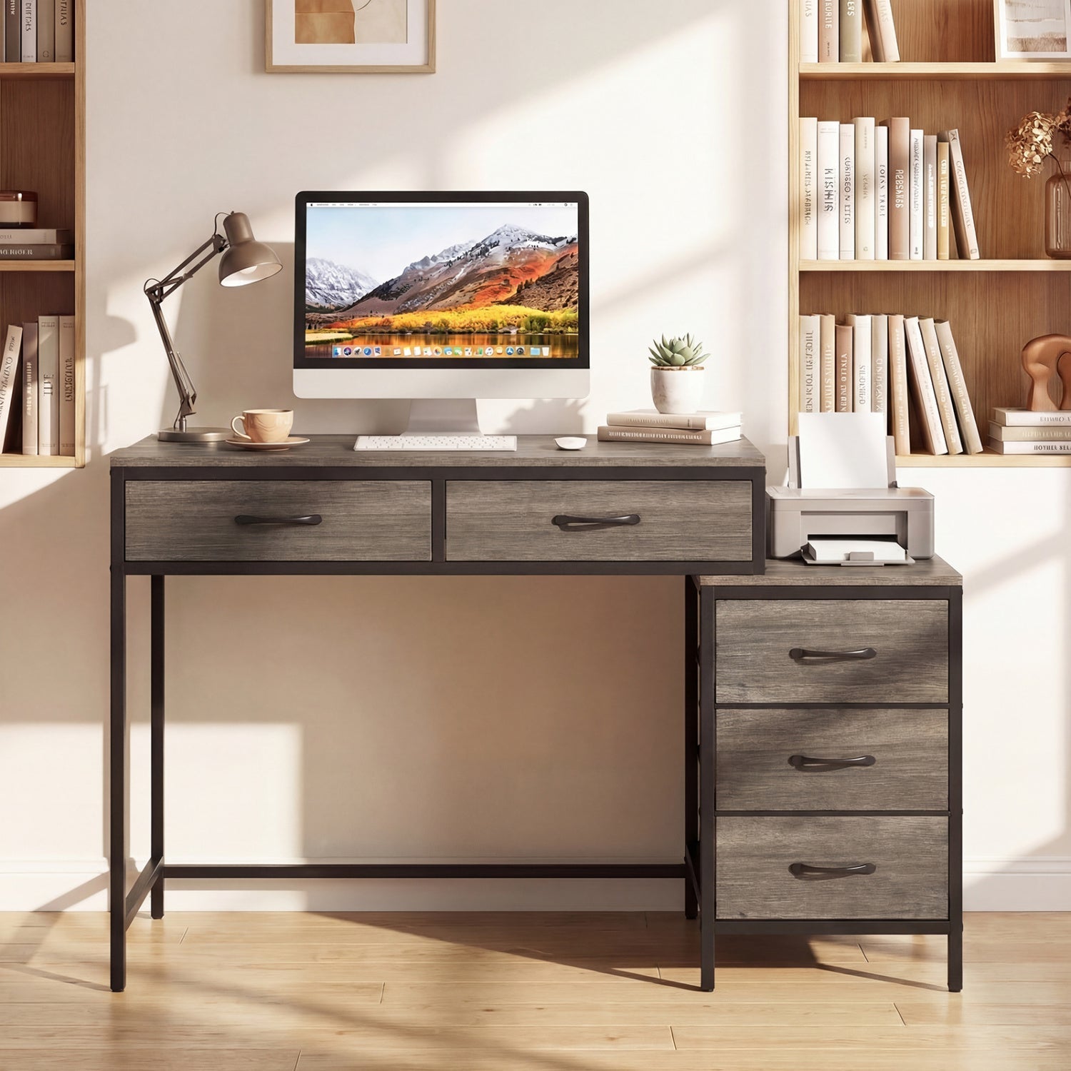 Computer Desk with 5 Drawers and Printer Stand for Bedroom and Small Spaces