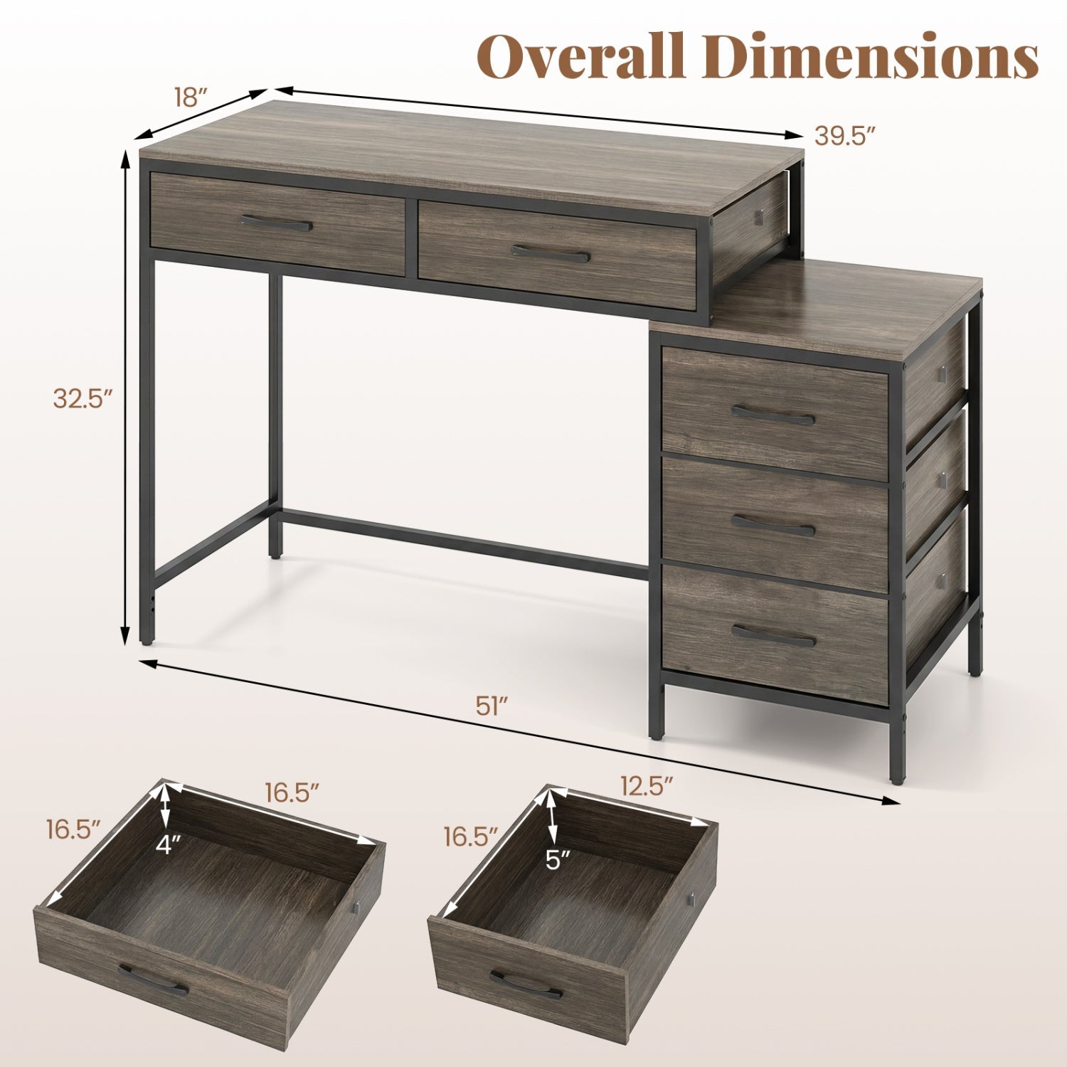 Computer Desk with 5 Drawers and Printer Stand for Bedroom and Small Spaces