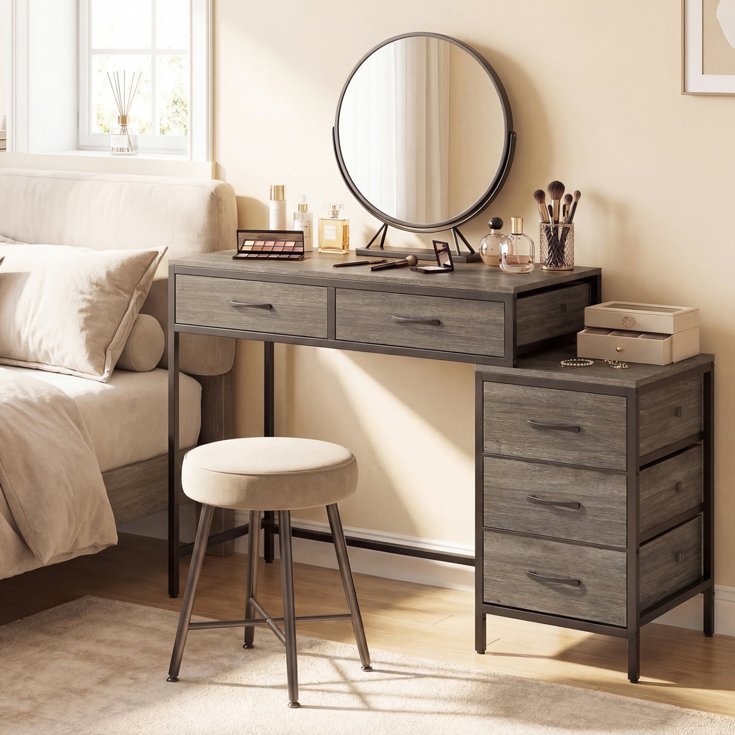 Computer Desk with 5 Drawers and Printer Stand for Bedroom and Small Spaces