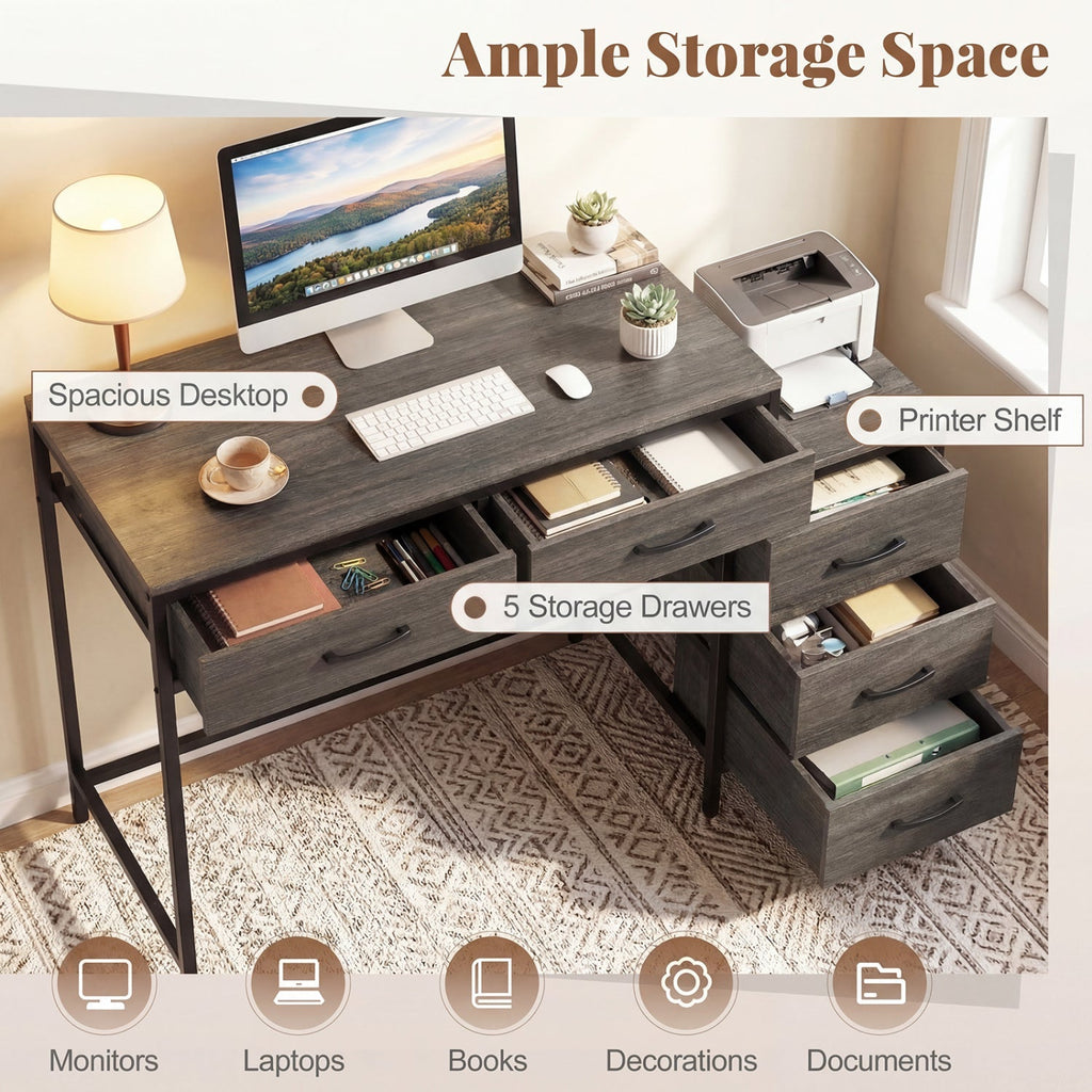 Computer Desk with 5 Drawers and Printer Stand for Bedroom and Small Spaces