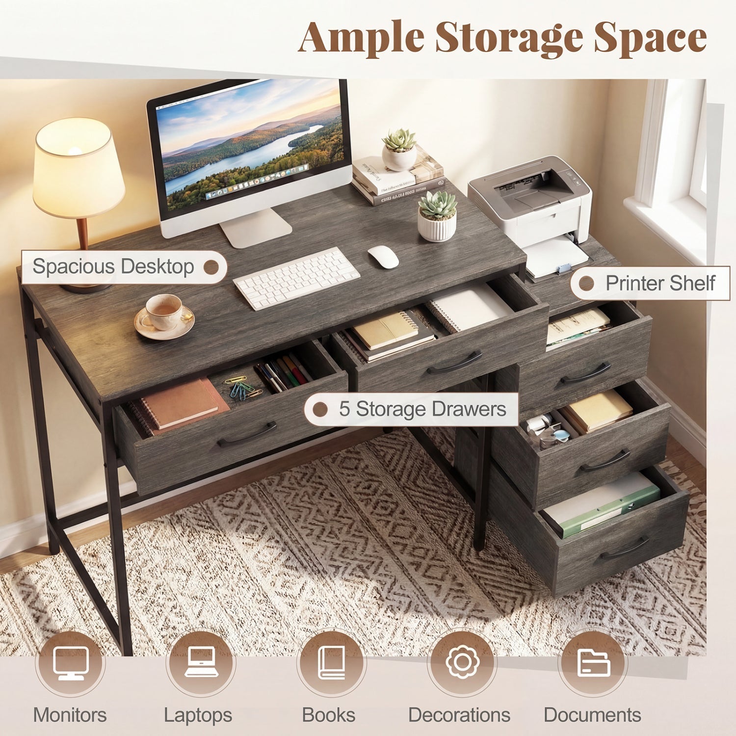Computer Desk with 5 Drawers and Printer Stand for Bedroom and Small Spaces