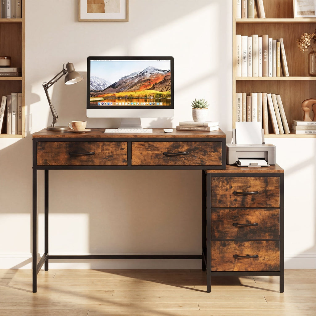 Computer Desk with 5 Drawers and Printer Stand for Bedroom and Small Spaces