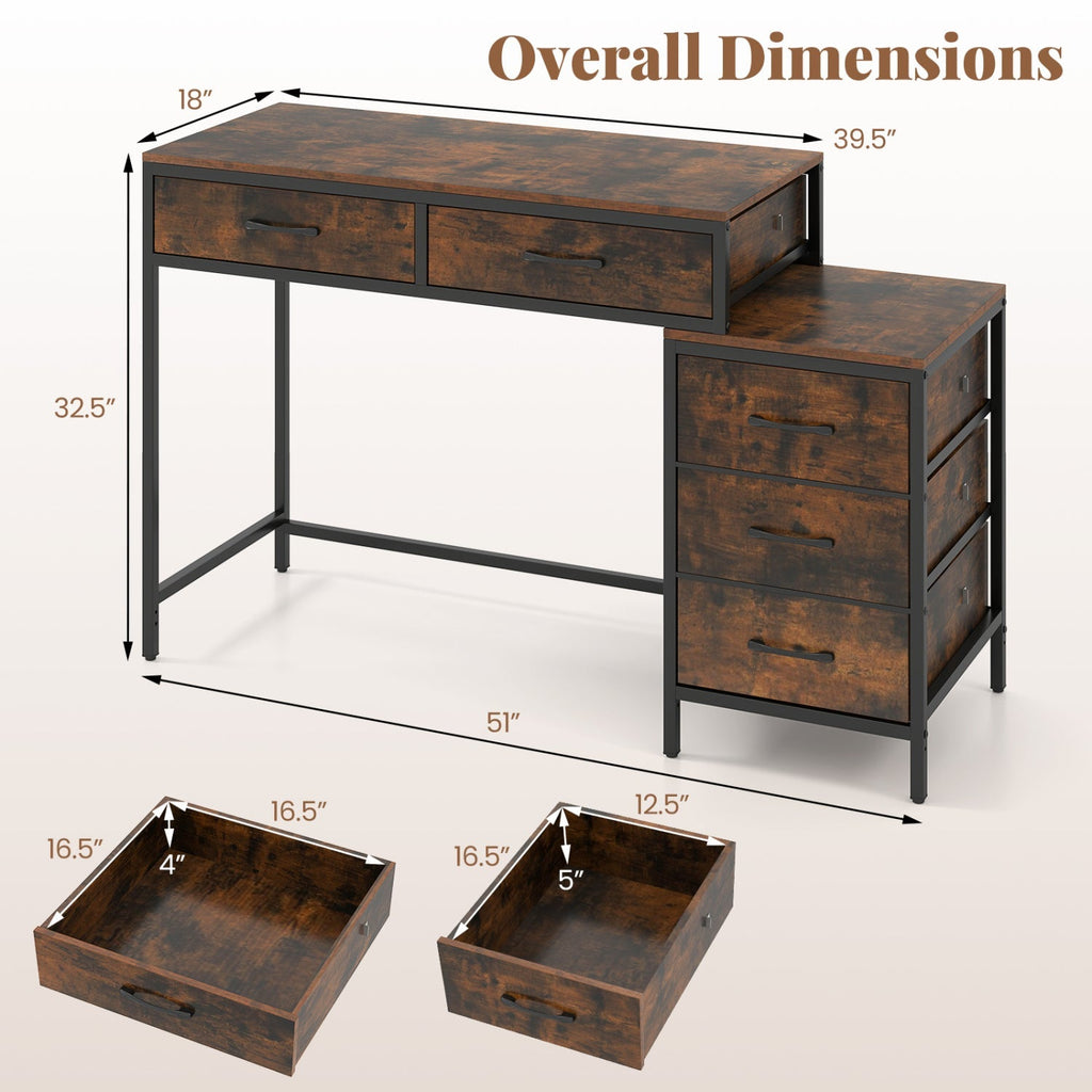 Computer Desk with 5 Drawers and Printer Stand for Bedroom and Small Spaces