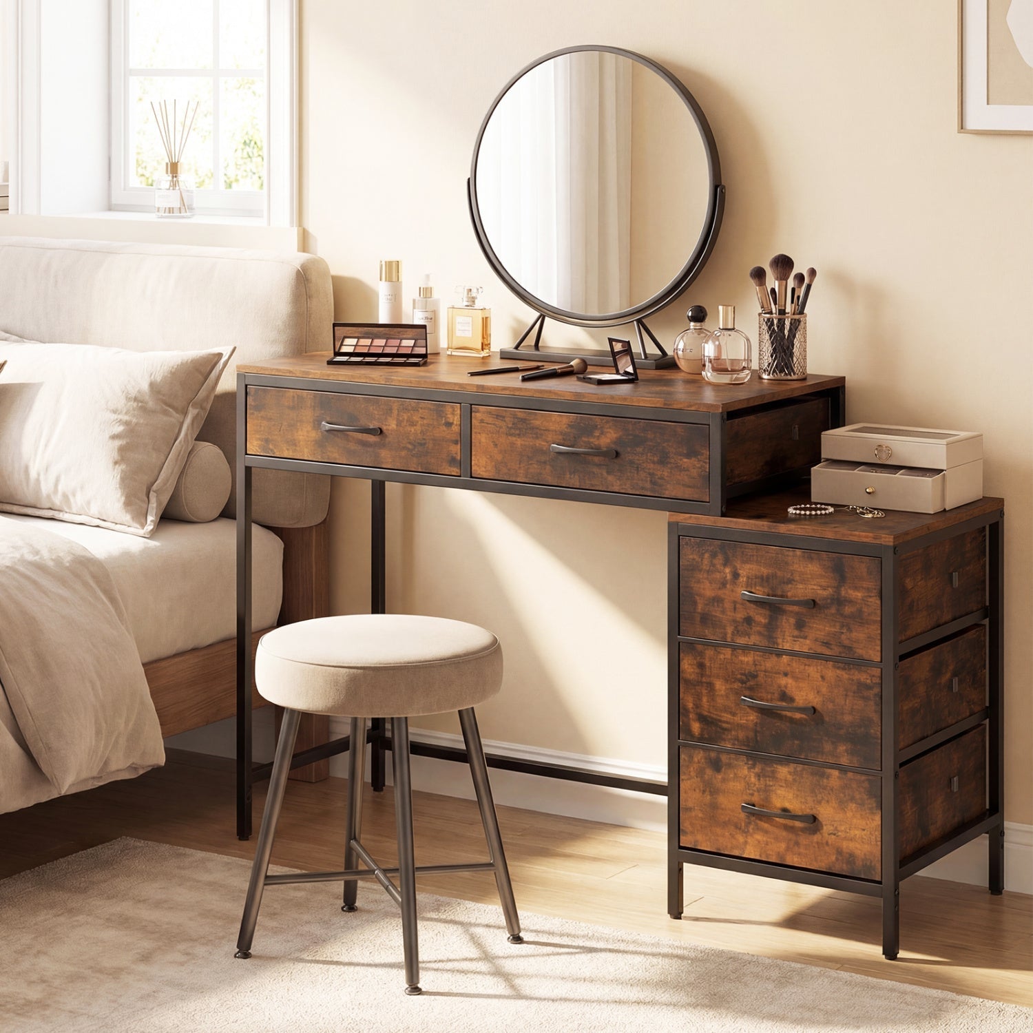 Computer Desk with 5 Drawers and Printer Stand for Bedroom and Small Spaces