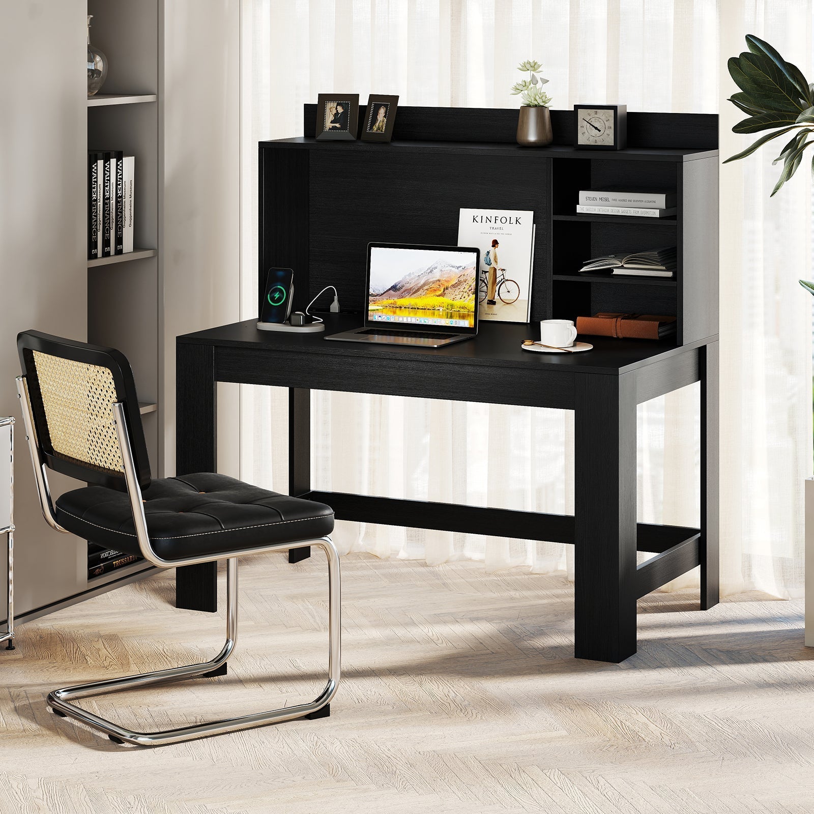Modern Computer Desk with Hutch and Storage Shelves