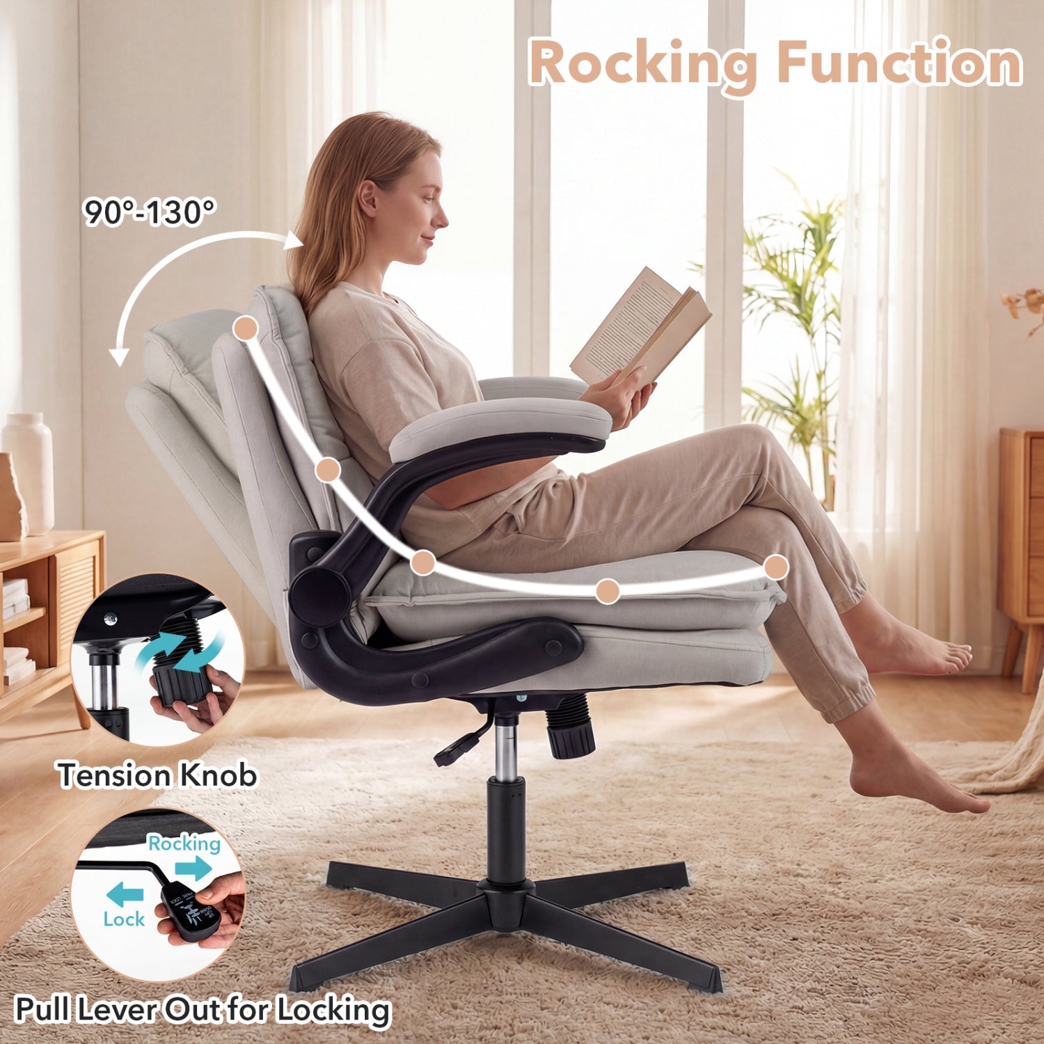 Criss Cross Chair with Flip-up Arms Ergonomic Office Desk Chair with Adjustable Height Wide Backrest Padded Seat
