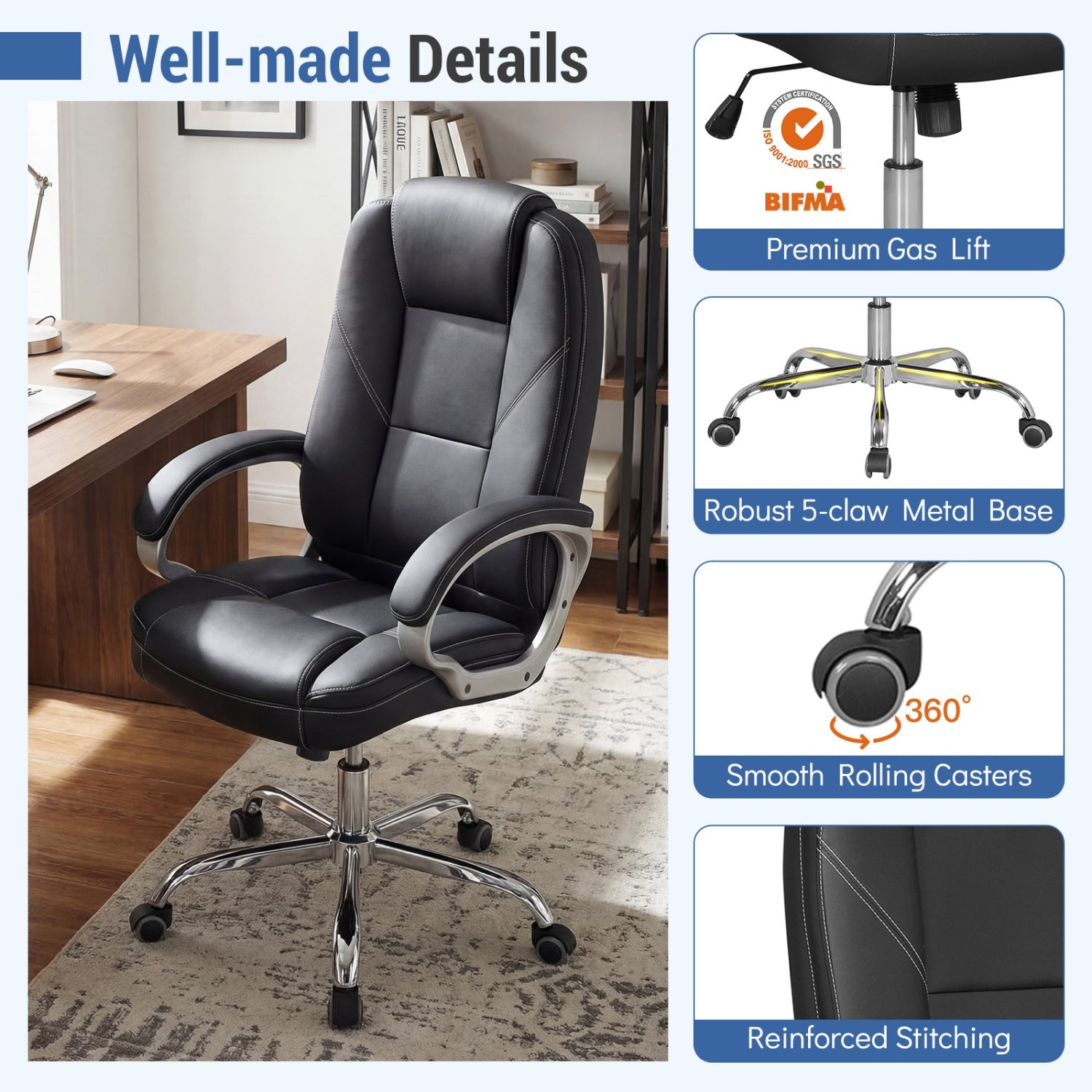 Ergonomic Leather Office Chair with Padded Armrests and Rocking Backrest