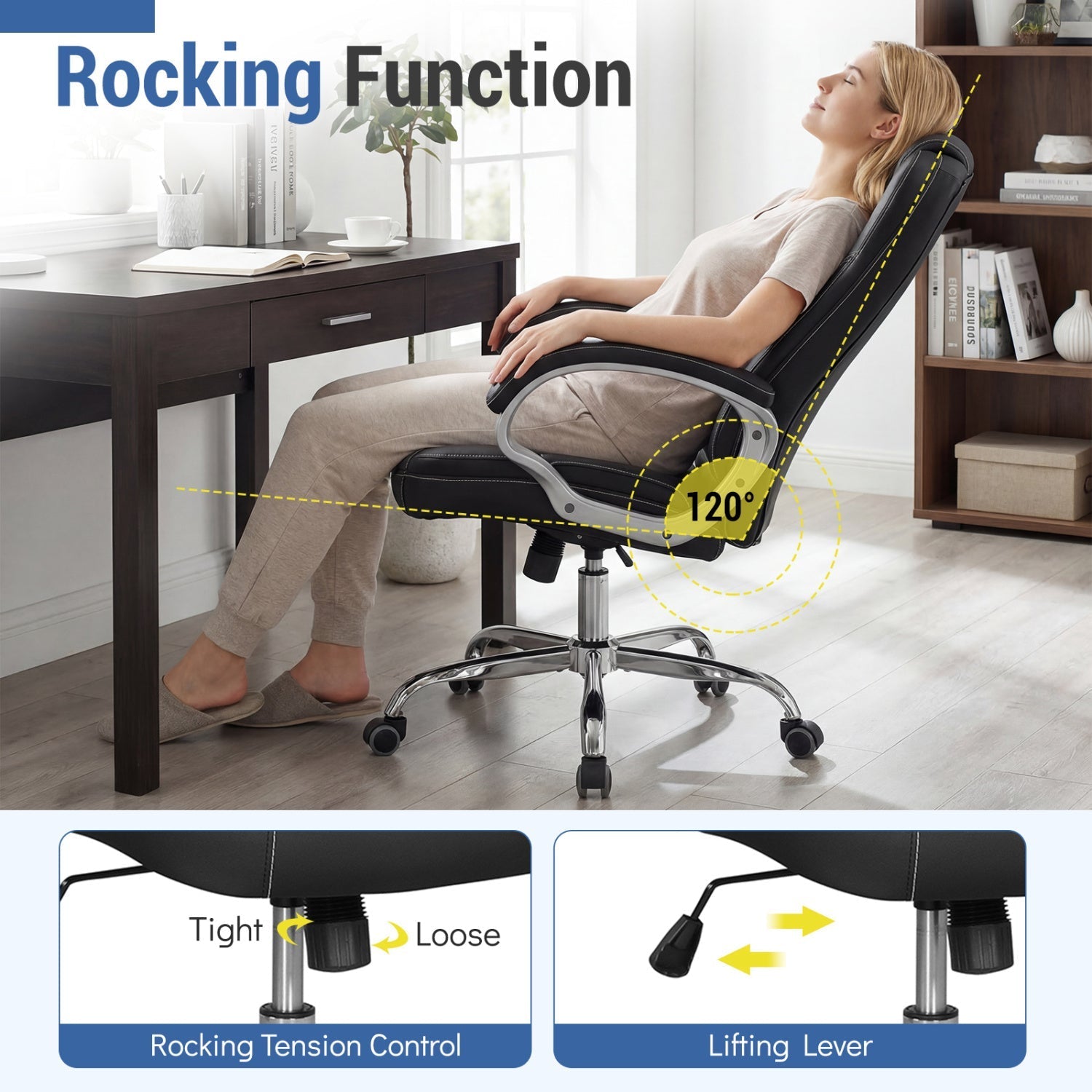 Ergonomic Leather Office Chair with Padded Armrests and Rocking Backrest