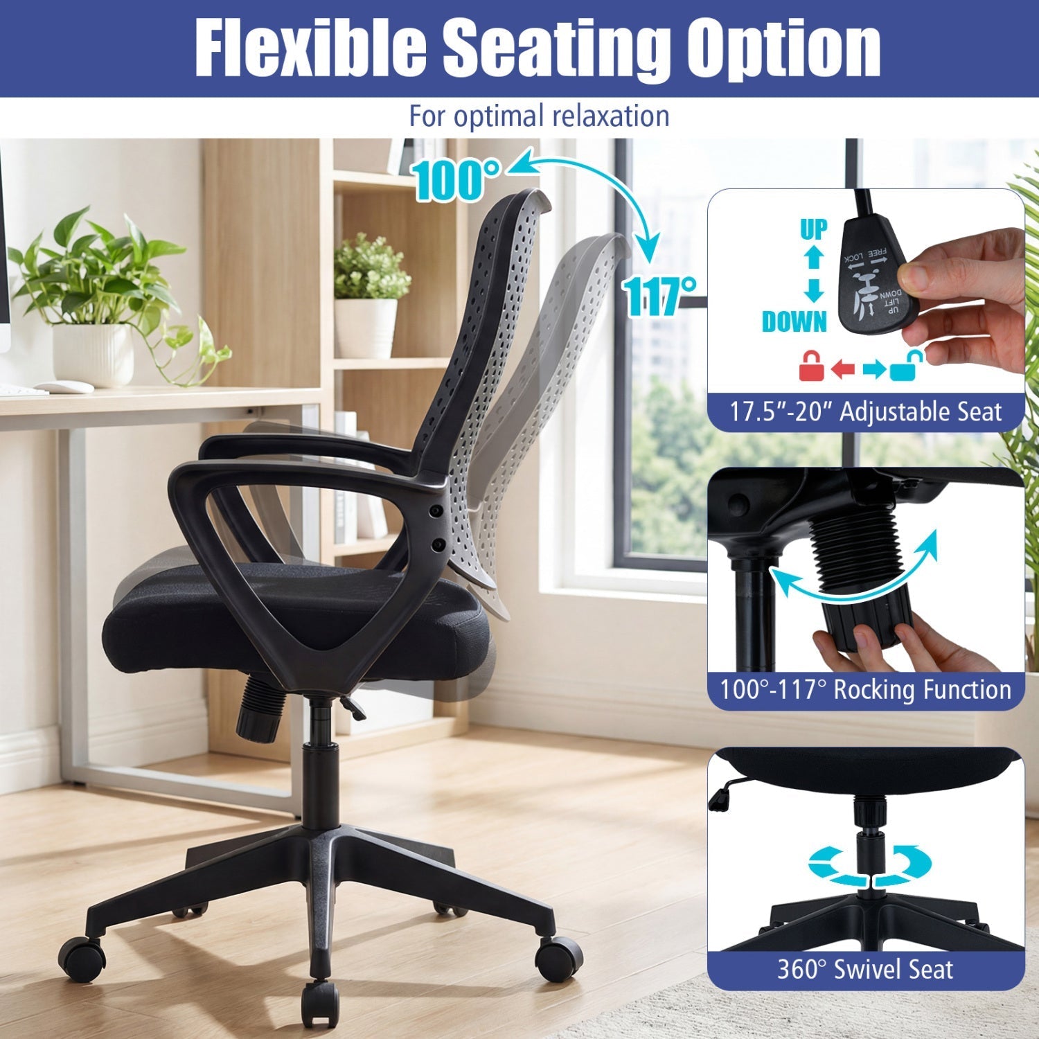 Ergonomic Office Chair Height Adjustable Computer Desk Chair with Breathable Butterfly Back