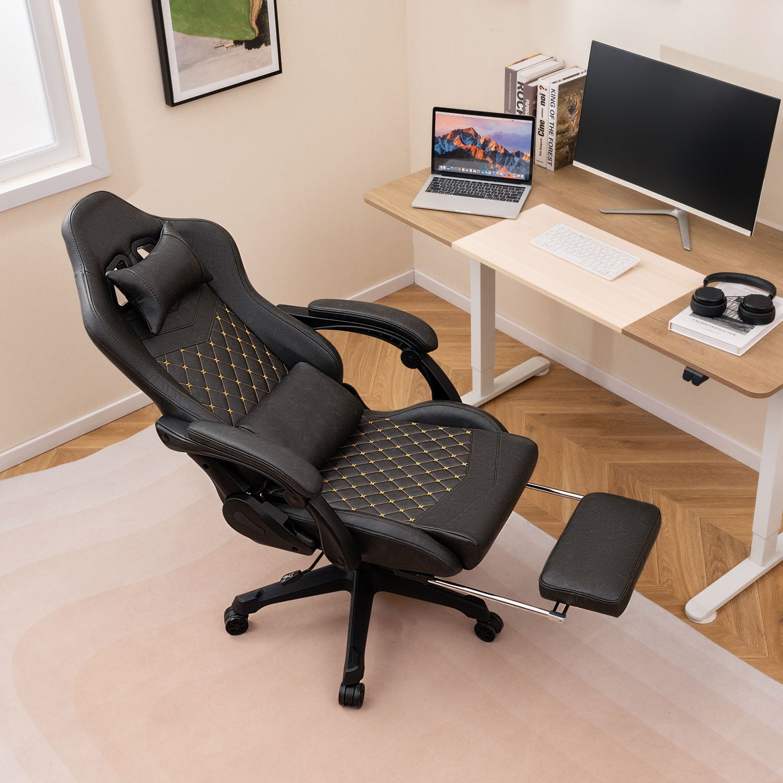 Ergonomic Video Game Computer Chair with Headrest and Lumbar Pillow-Black