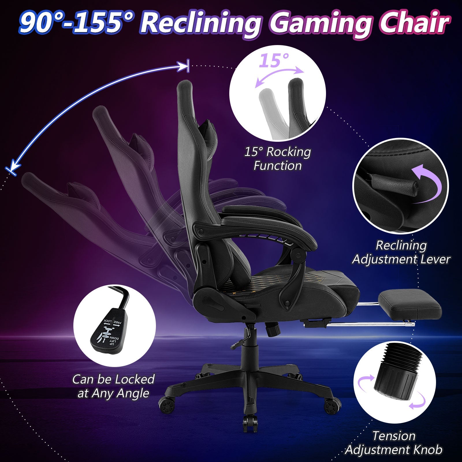 Ergonomic Video Game Computer Chair with Headrest and Lumbar Pillow-Black