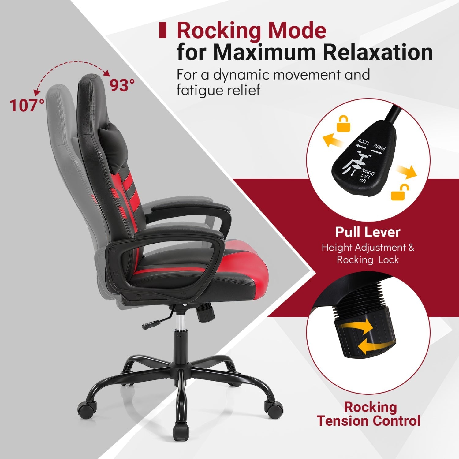 Ergonomic Gaming Chair with Removable Head Pillow & Rocking