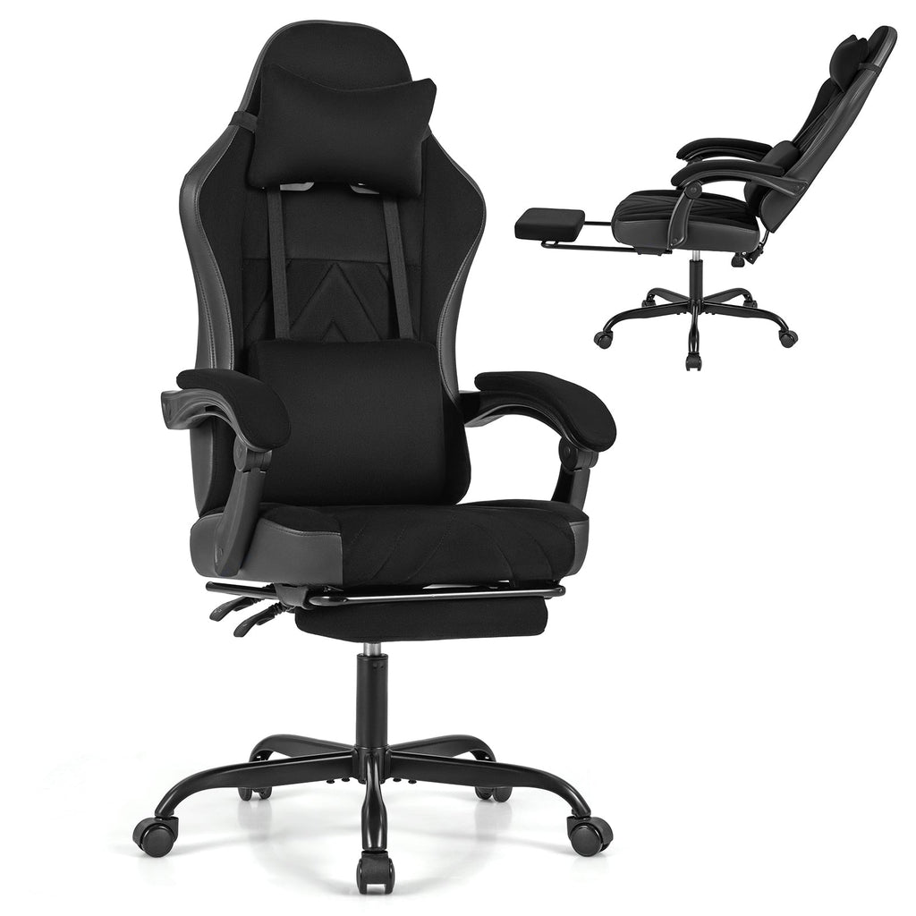Gaming Chair Height Adjustable Computer Chair with Headrest Lumbar Support Linkage Armrests-Black