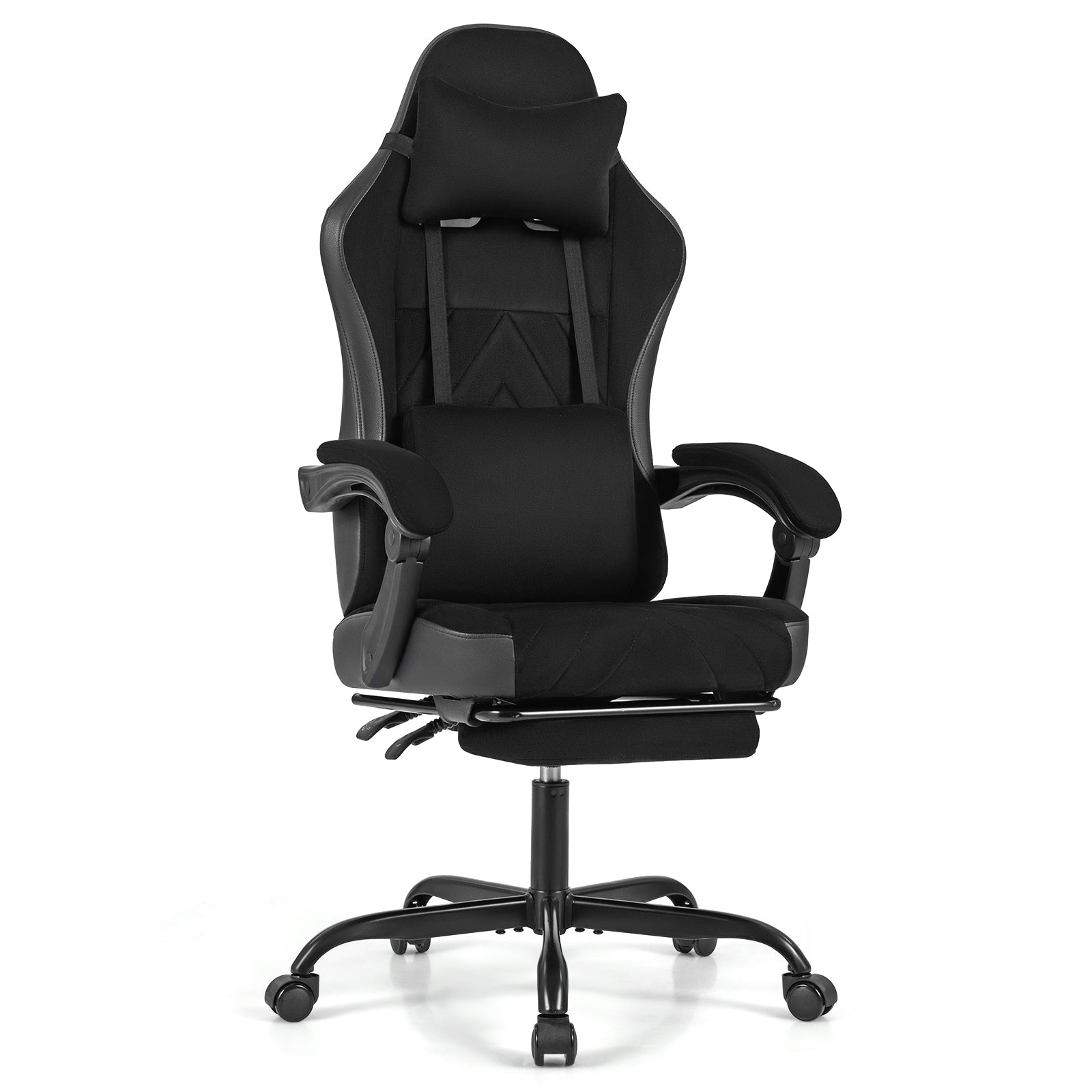 Gaming Chair Height Adjustable Computer Chair with Headrest Lumbar Support Linkage Armrests-Black