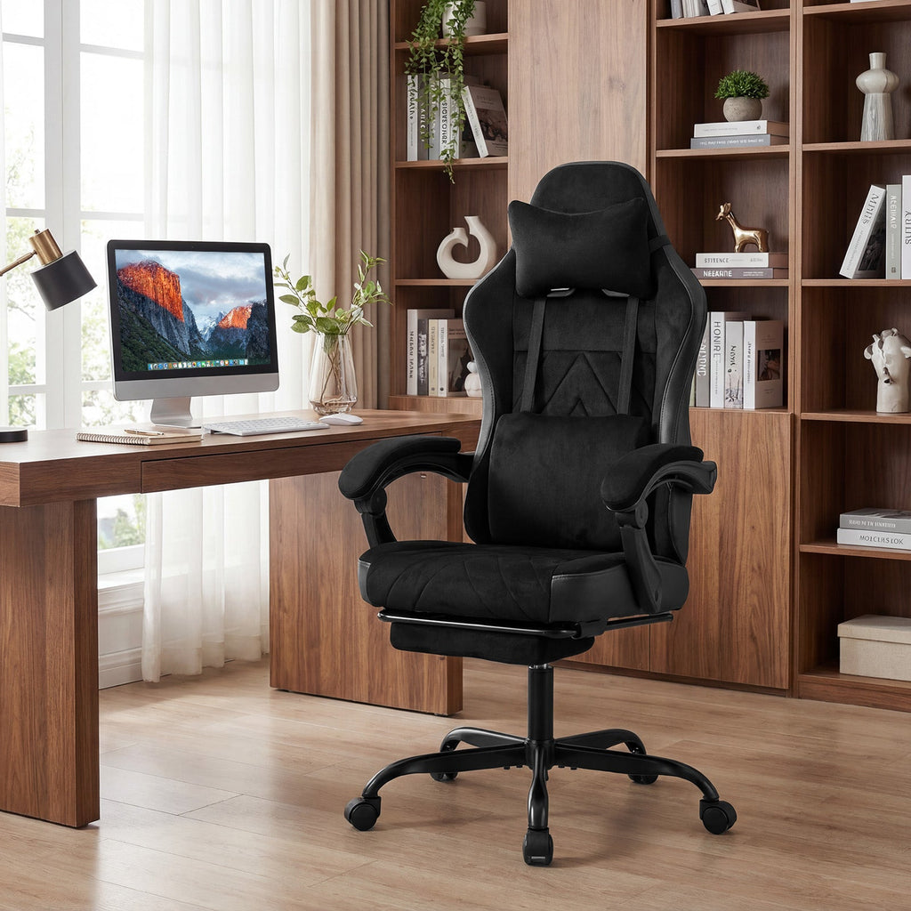 Gaming Chair Height Adjustable Computer Chair with Headrest Lumbar Support Linkage Armrests-Black