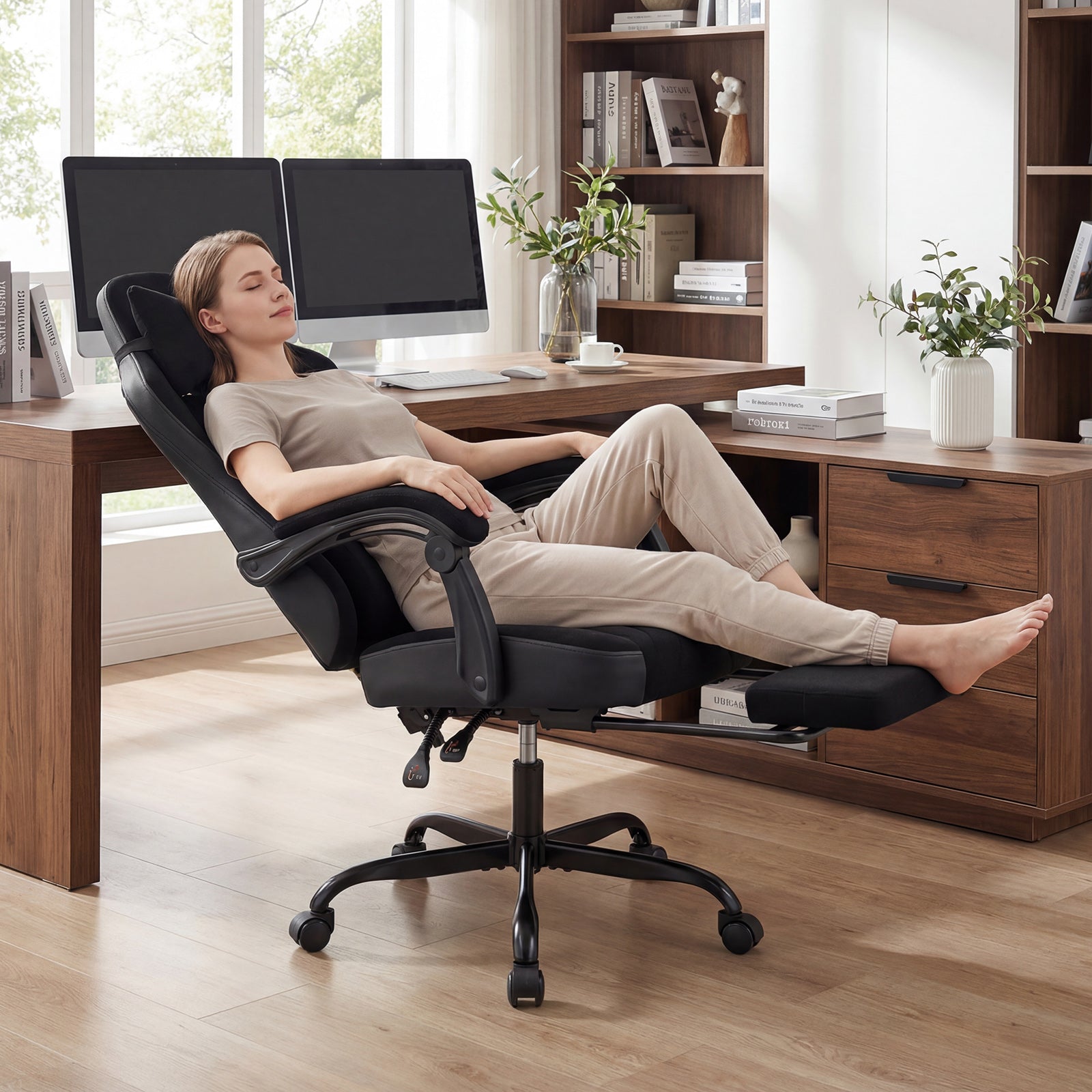Gaming Chair Height Adjustable Computer Chair with Headrest Lumbar Support Linkage Armrests-Black
