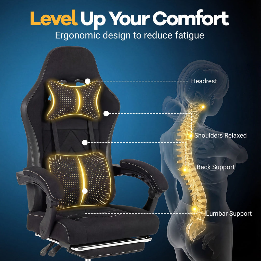 Gaming Chair Height Adjustable Computer Chair with Headrest Lumbar Support Linkage Armrests-Black