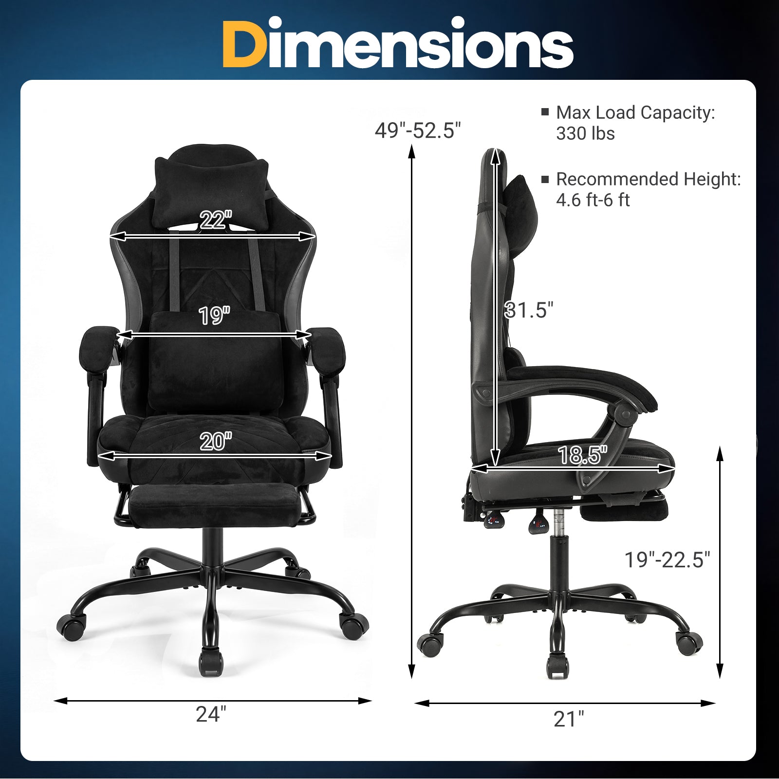 Gaming Chair Height Adjustable Computer Chair with Headrest Lumbar Support Linkage Armrests-Black