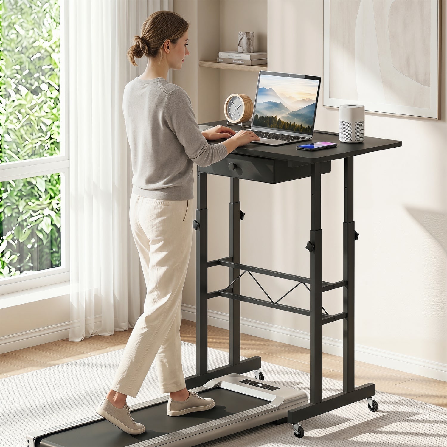 Height Adjustable Standing Desk with Wheels & Drawer